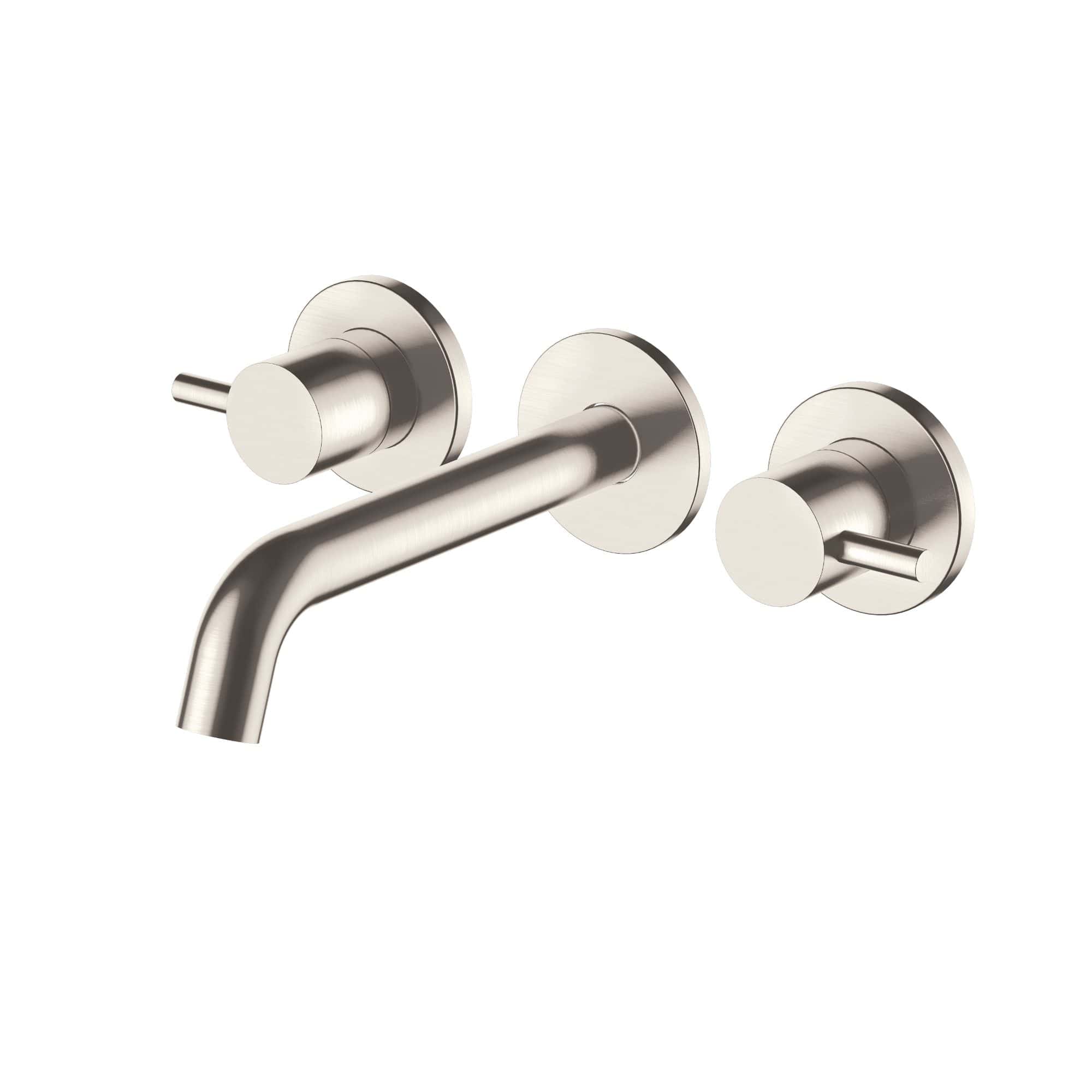 Sleek stainless steel wall-mounted bathroom faucet with two handles for hot and cold water, modern minimalist design, ideal for contemporary bathroom upgrades.