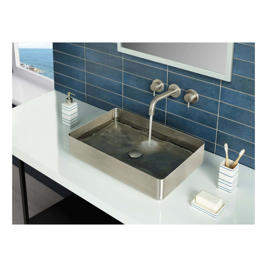 Stainless steel bathroom sink with wall-mounted faucet and blue tiled wall, modern bathroom design, functional and stylish water basin, ideal for contemporary bathroom renovations, close-up view.