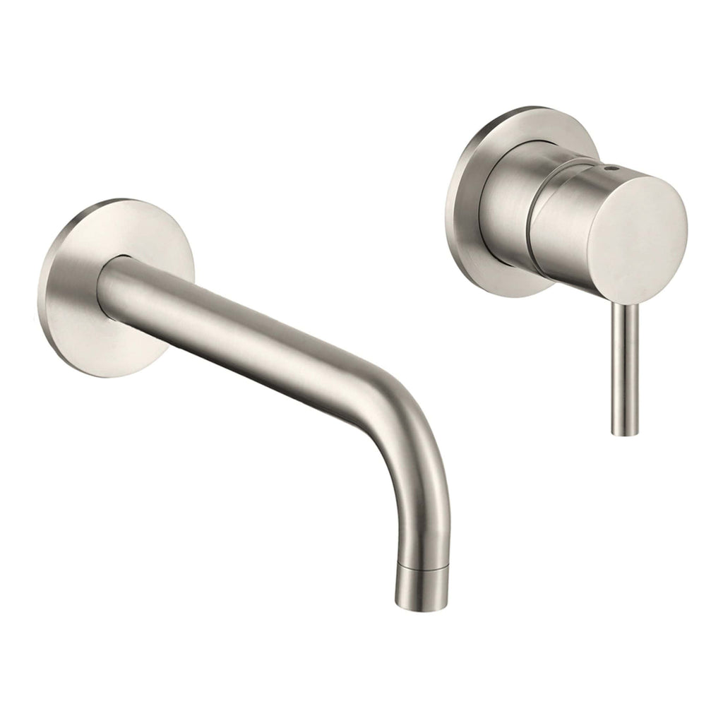 Brushed stainless steel wall-mounted kitchen or bathroom faucet and control handle set, modern design for contemporary bathroom renovations.