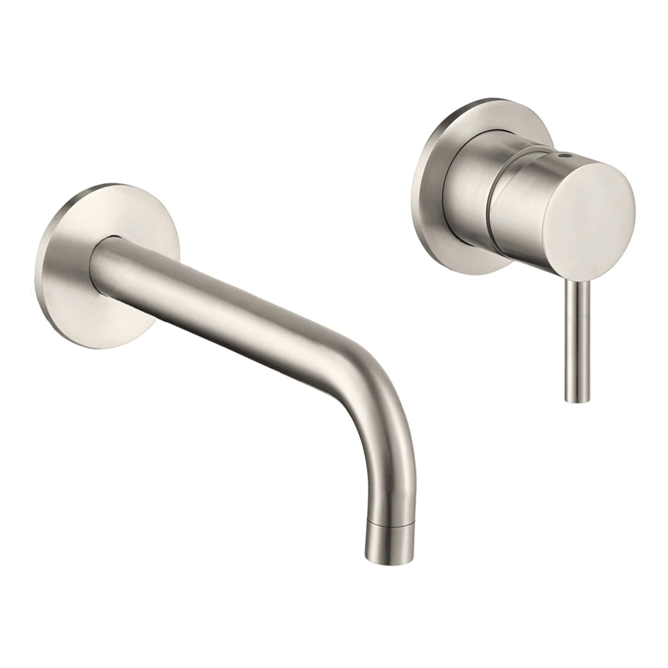 Brushed stainless steel wall-mounted kitchen or bathroom faucet and control handle set, modern design for contemporary bathroom renovations.