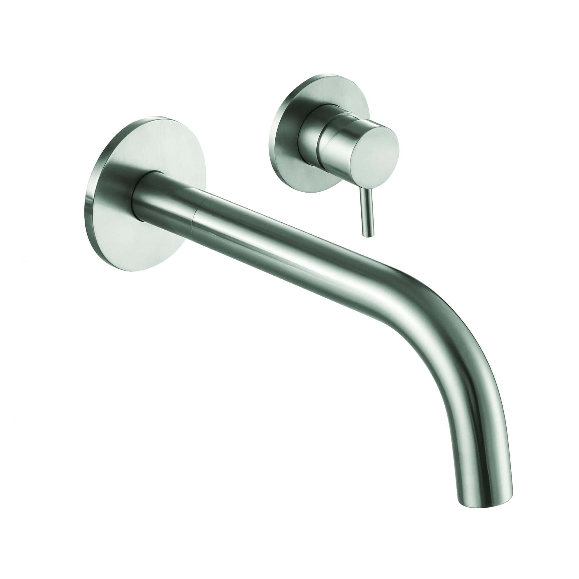 Sleek stainless steel wall-mounted bathroom faucet with a modern minimalist design for contemporary bathrooms. Perfect for kitchen sinks or designer washbasins.