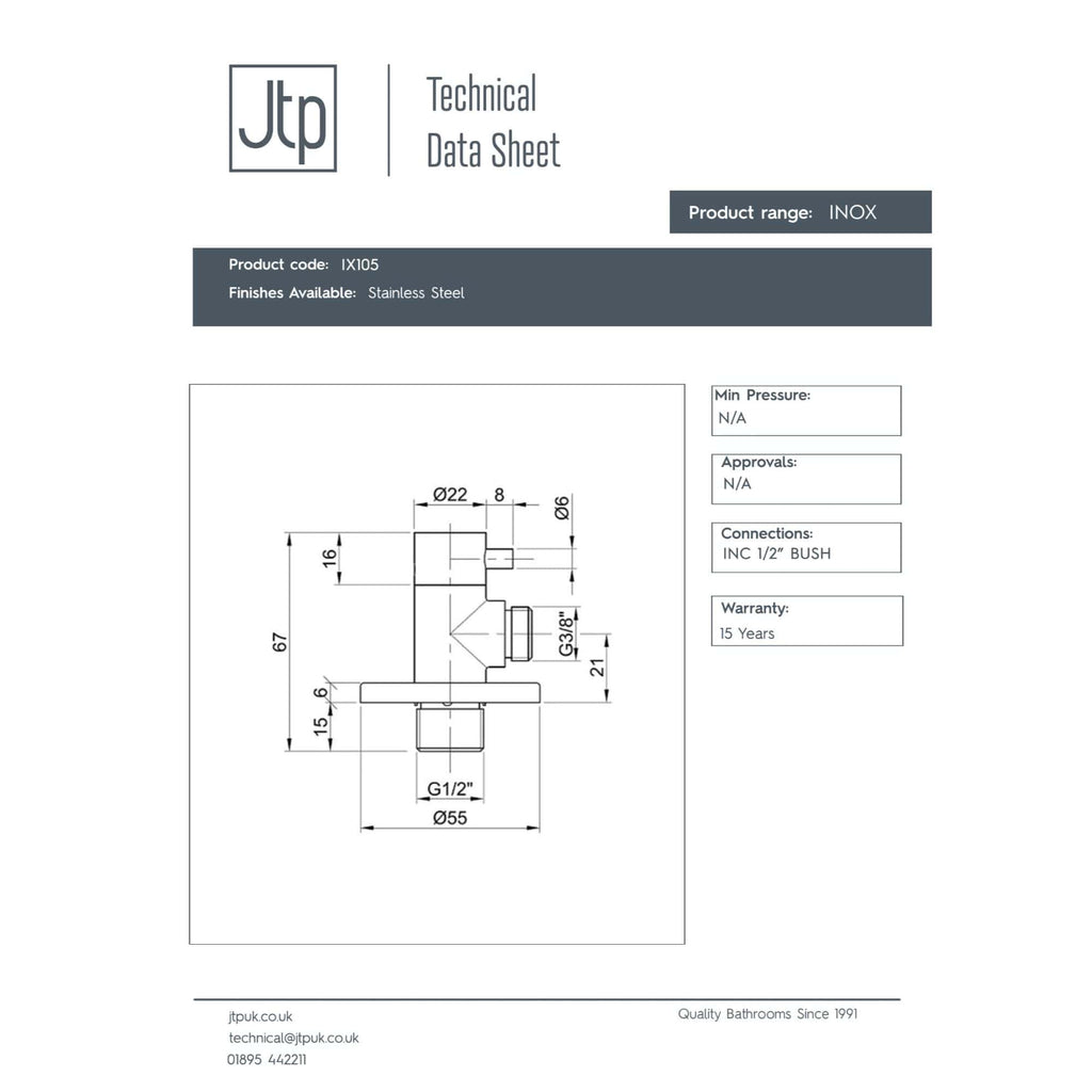 Inlet and outlet technical drawing of a stainless steel bathroom fixture from Bubly Bathrooms, showcasing precise measurements for plumbing installation.