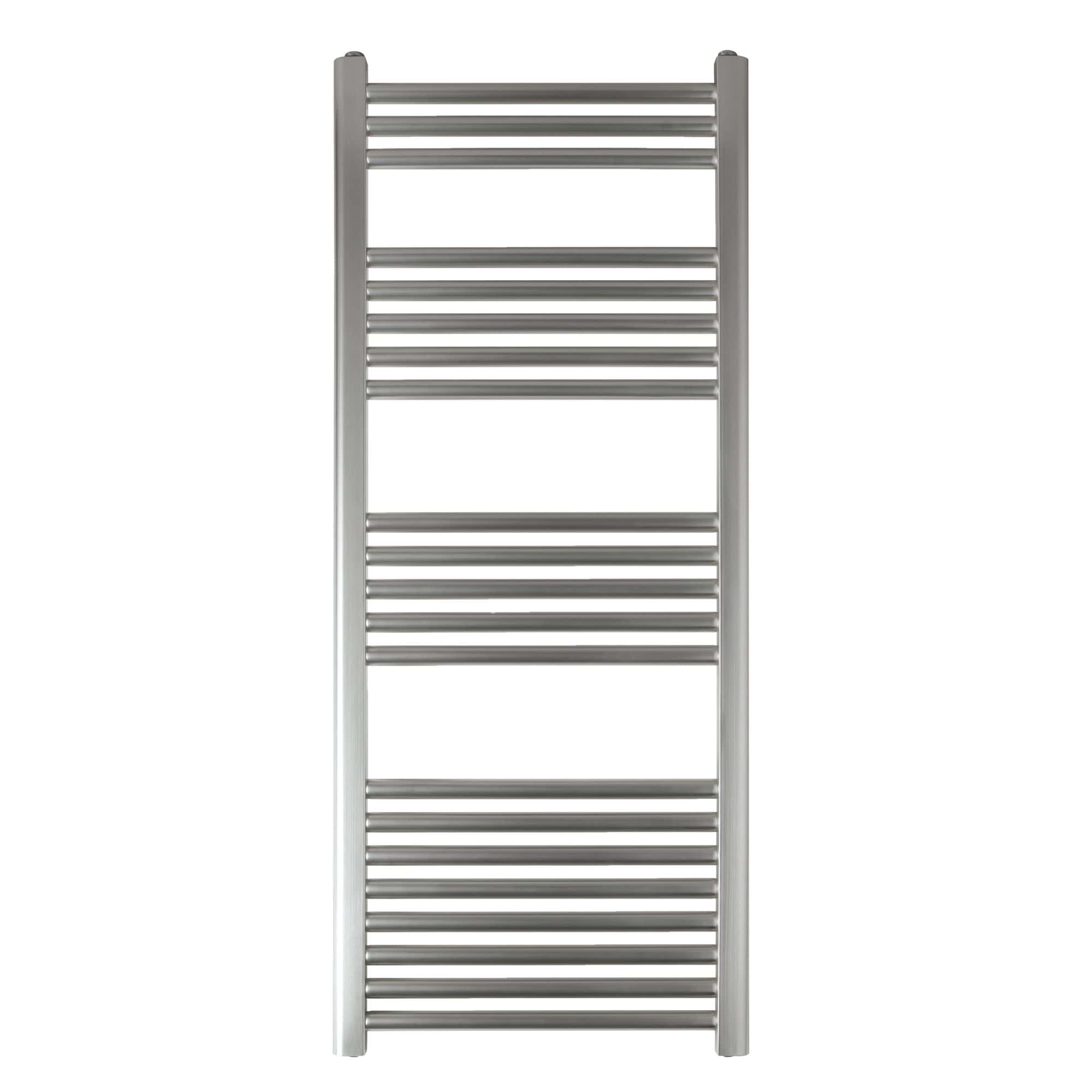 Polished stainless steel heated towel rail, contemporary bathroom radiator, wall-mounted heated towel dryer, modern design, ideal for heating and drying towels in luxury bathrooms.