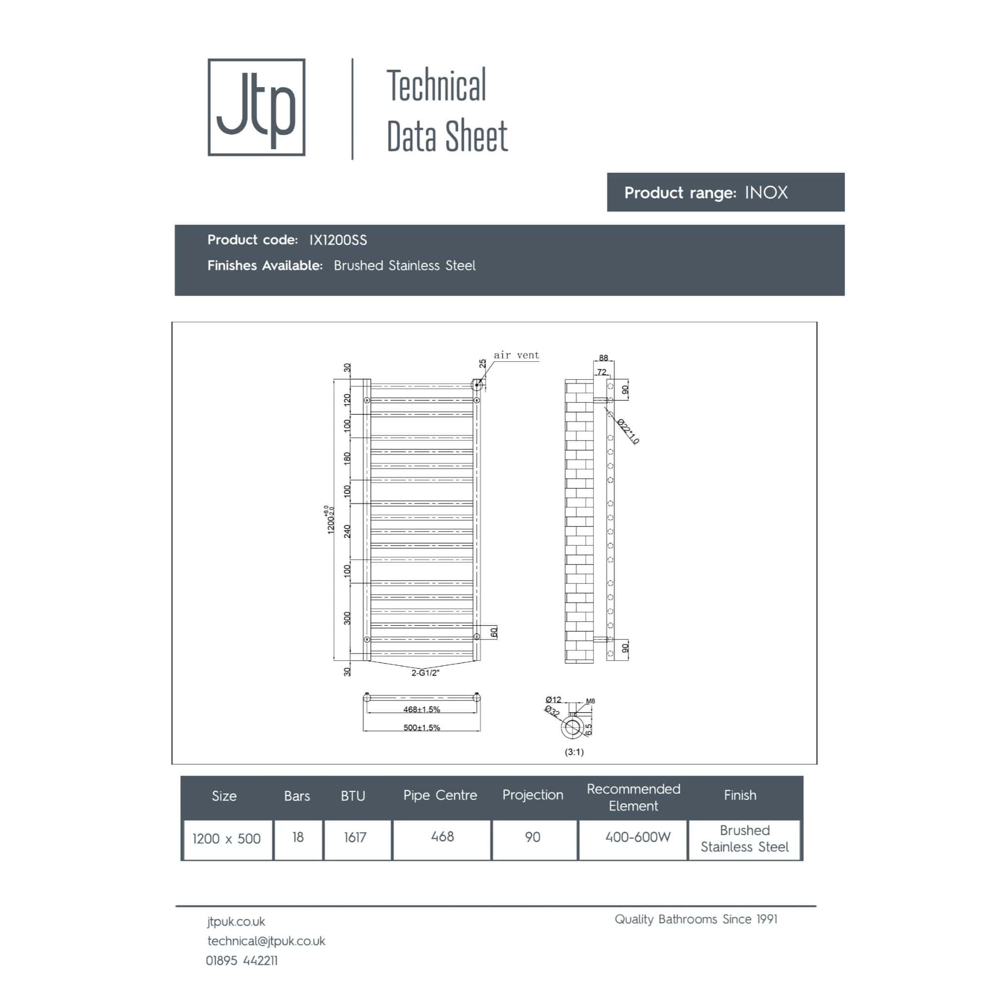 High-quality stainless steel bathroom radiator with dual horizontal bars, ideal for modern bathrooms, featuring durable brushed finish; perfect for heating and drying towels.