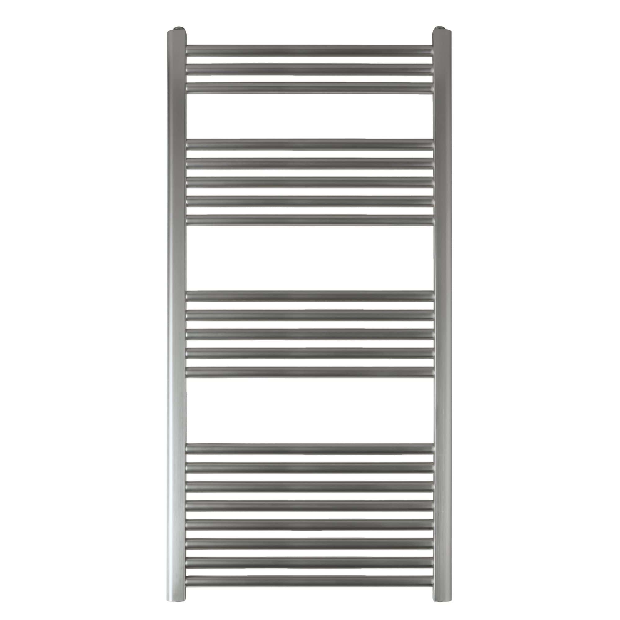 Modern stainless steel towel radiator for bathrooms, designed for efficient heating and towel drying, with a sleek and contemporary appearance. Perfect for a stylish bathroom upgrade.