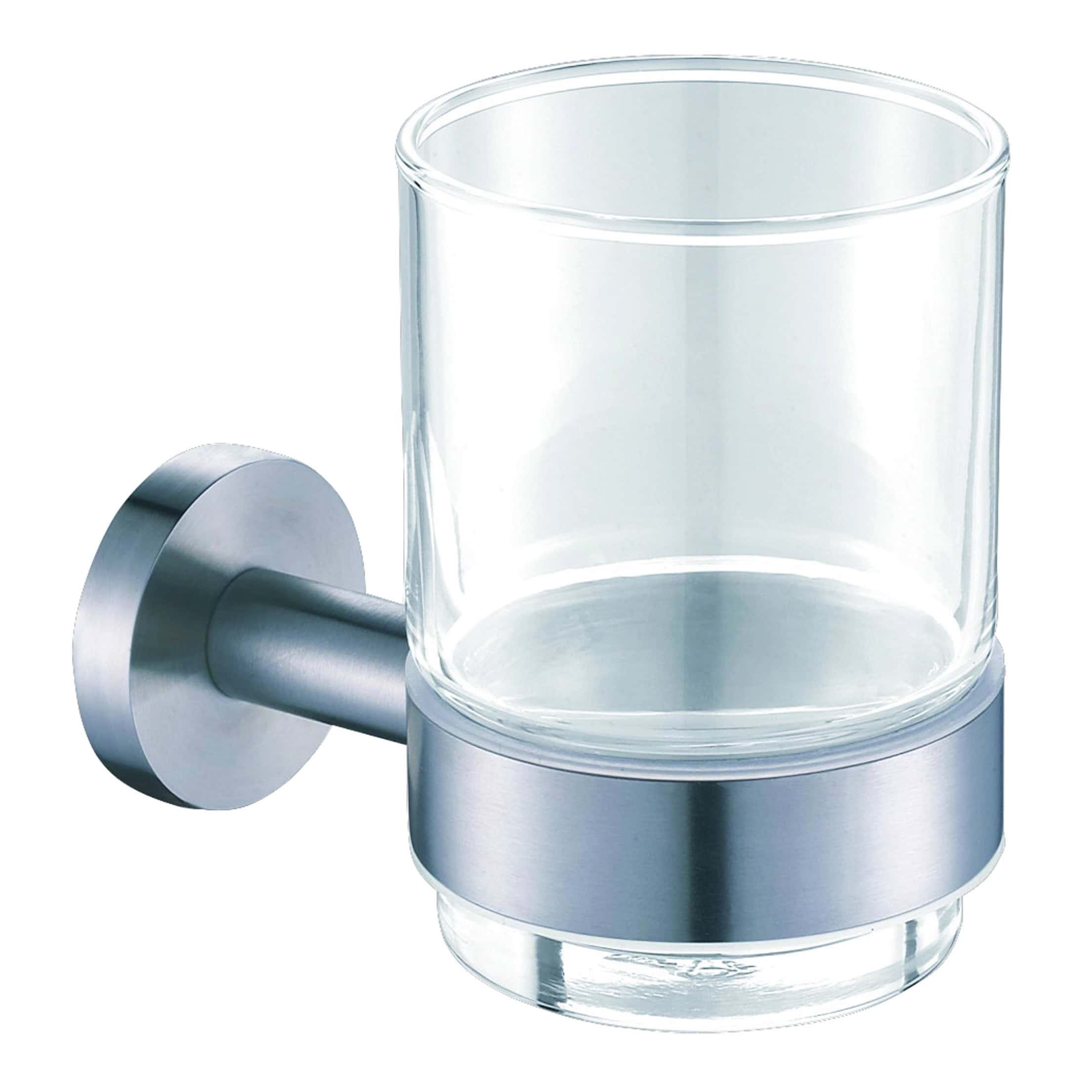Sleek bathroom tumbler with brushed metal holder, perfect for storing toothbrushes and toiletries, enhancing modern bathroom décor.