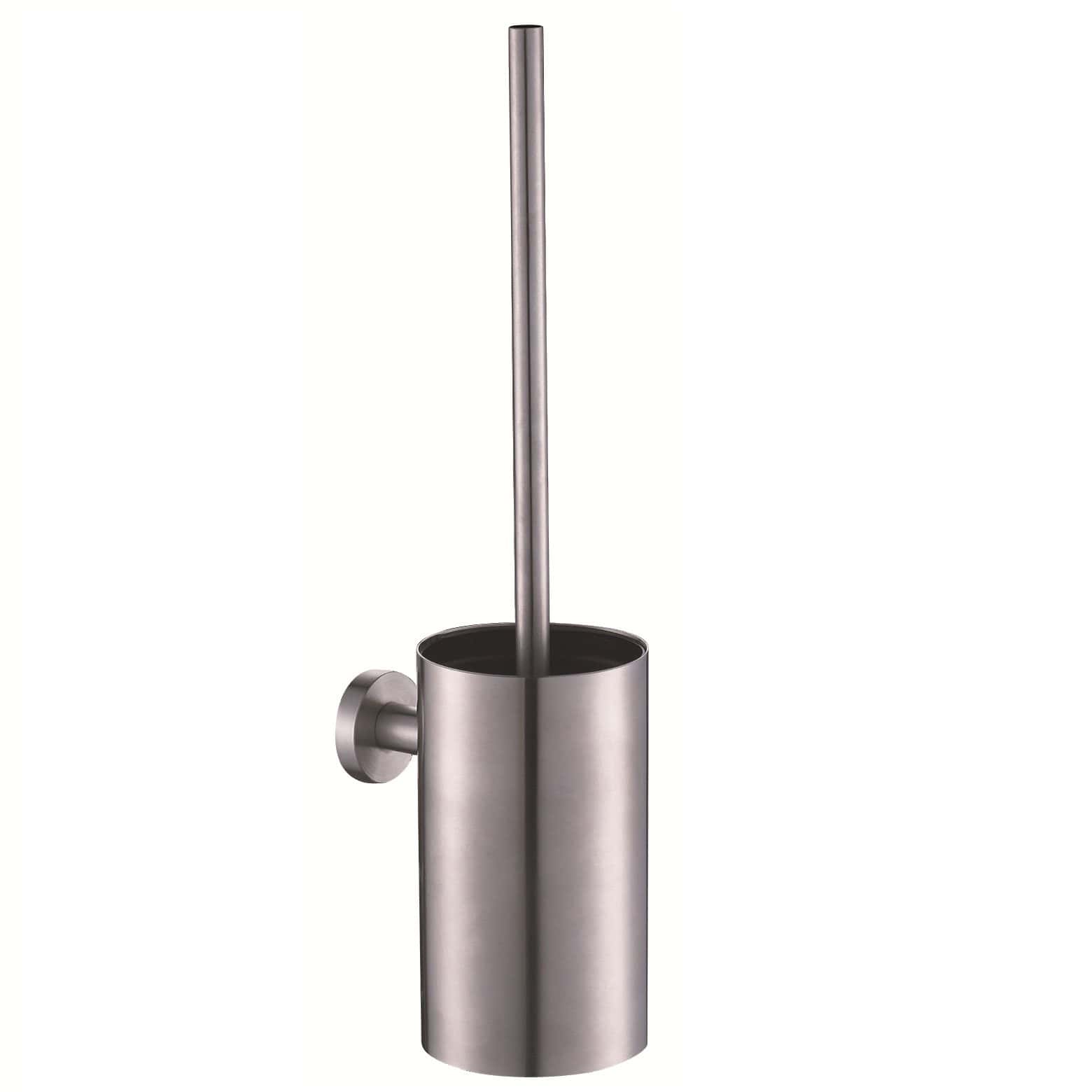 Stainless steel toilet brush holder and brush set for modern bathroom decor, durable and rust-resistant cleaning accessory from Bubly Bathrooms.