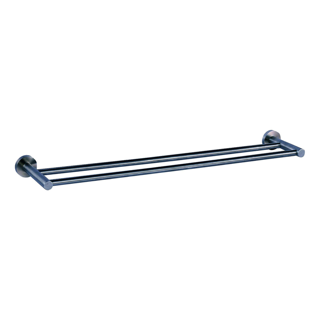 Stainless steel double towel rail for bathroom, modern wall-mounted design, ideal for hanging towels efficiently. Perfect addition to contemporary bathroom decor for organised space.