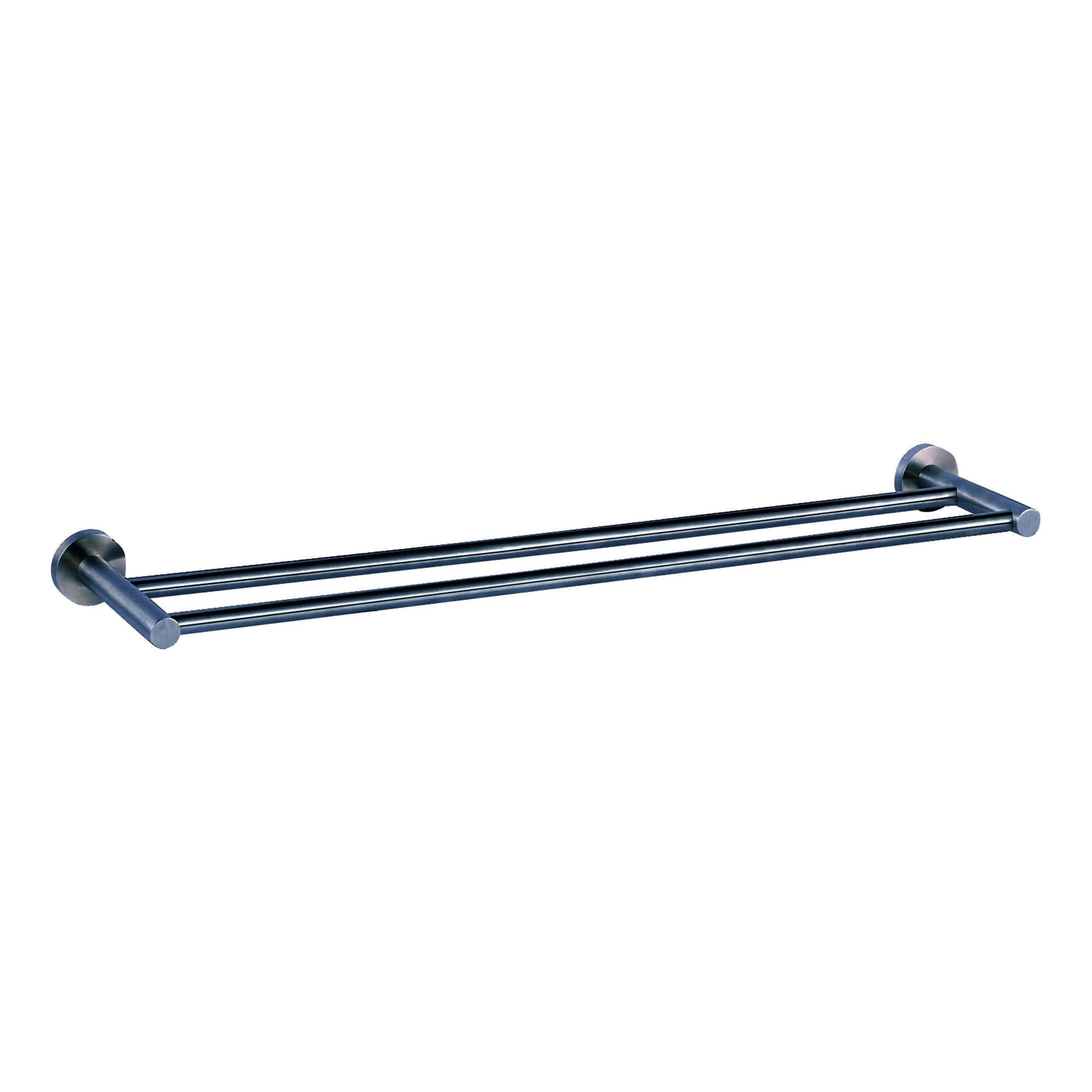 Stainless steel double towel rail for bathroom, modern wall-mounted design, ideal for hanging towels efficiently. Perfect addition to contemporary bathroom decor for organised space.