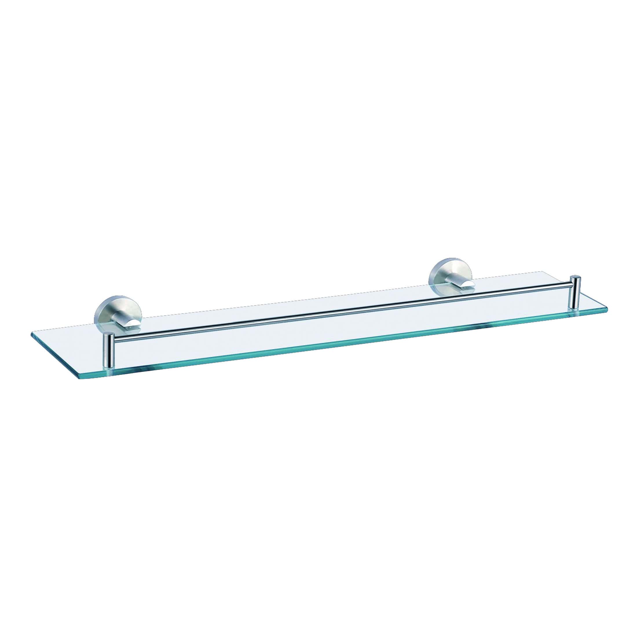 Shower shelf made of clear glass with chrome mounting brackets, ideal for bathroom organisation and storage.