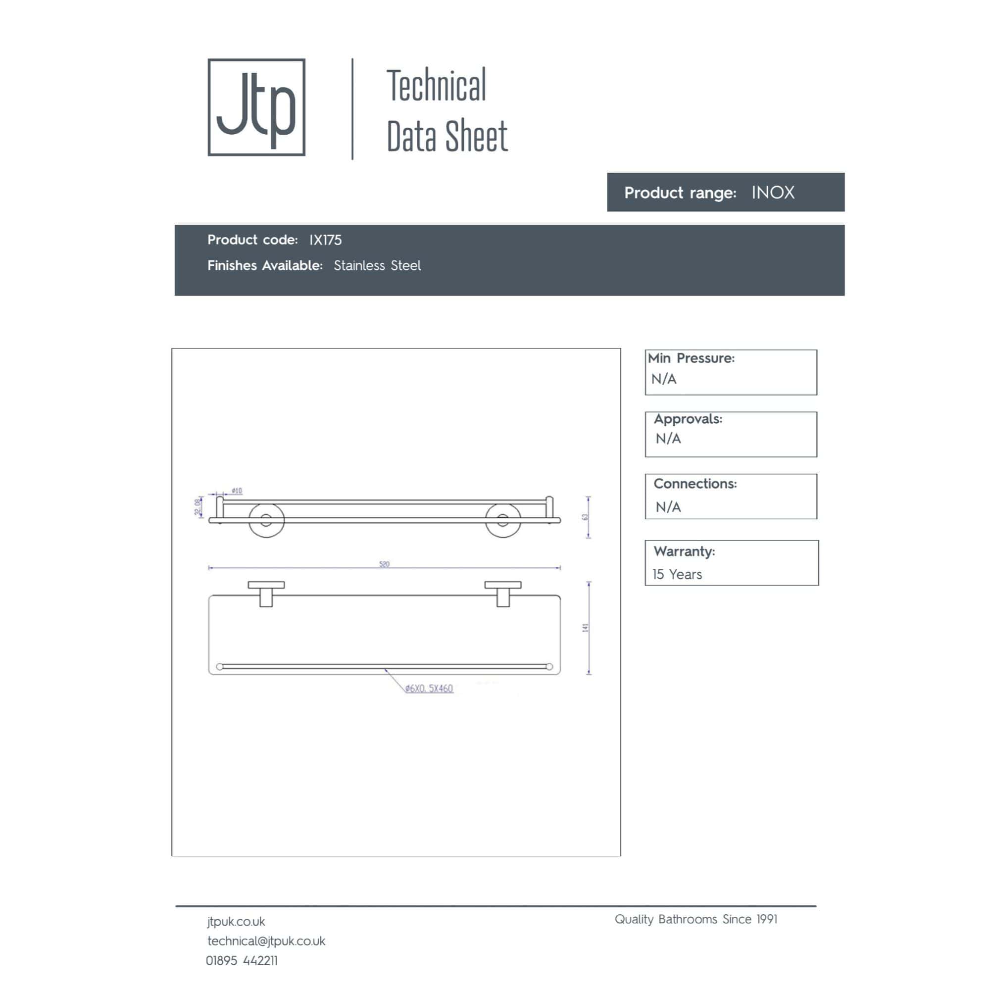 Inox stainless steel bathroom grab rail from Bubly Bathrooms, designed for safety and durability. Suitable for wet areas, with technical specifications and 15-year warranty for quality assurance.