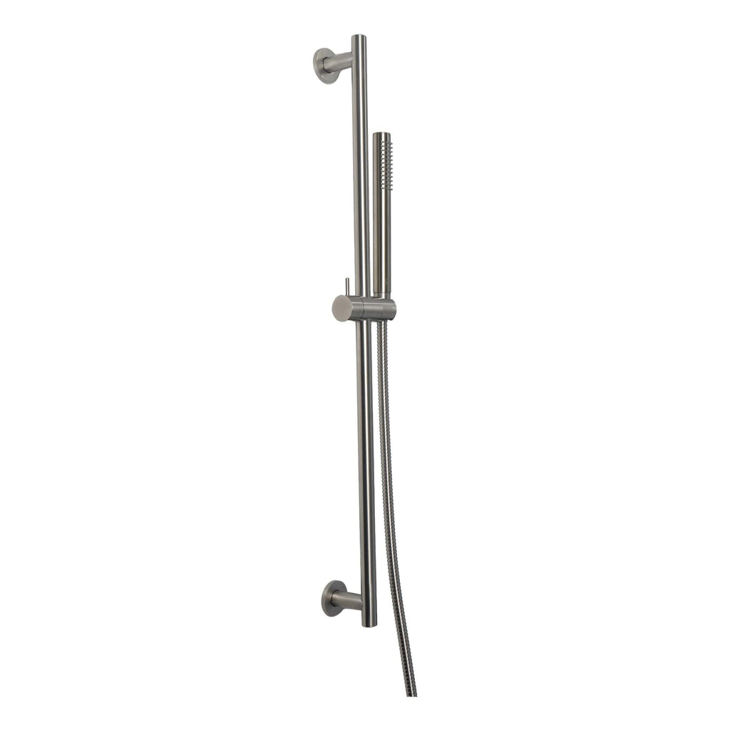 Modern stainless steel shower rail with adjustable height and handheld showerhead for luxurious bathroom upgrades.