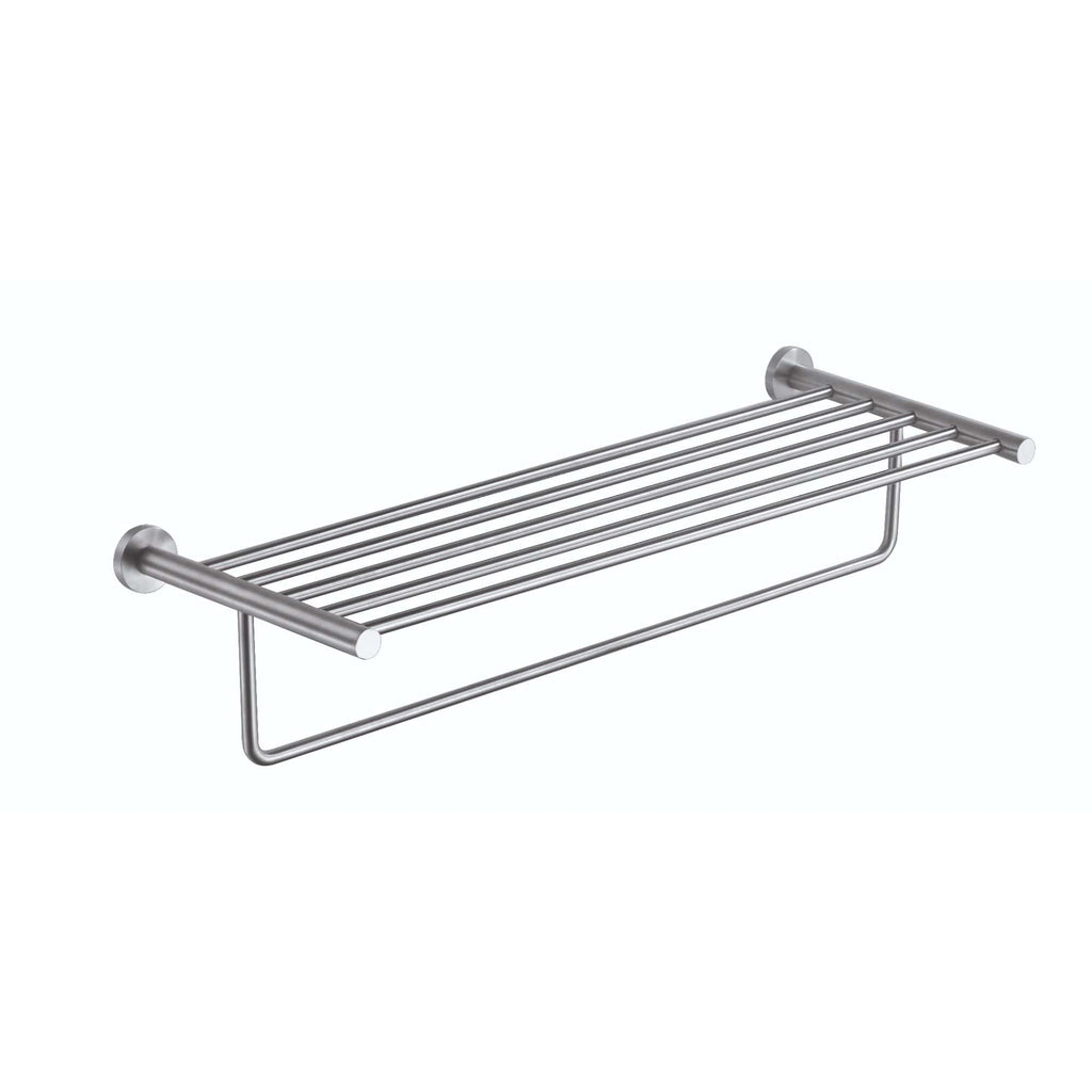 Sleek stainless steel bathroom shelf with towel rail, ideal for contemporary bathroom organisation and storage solutions.