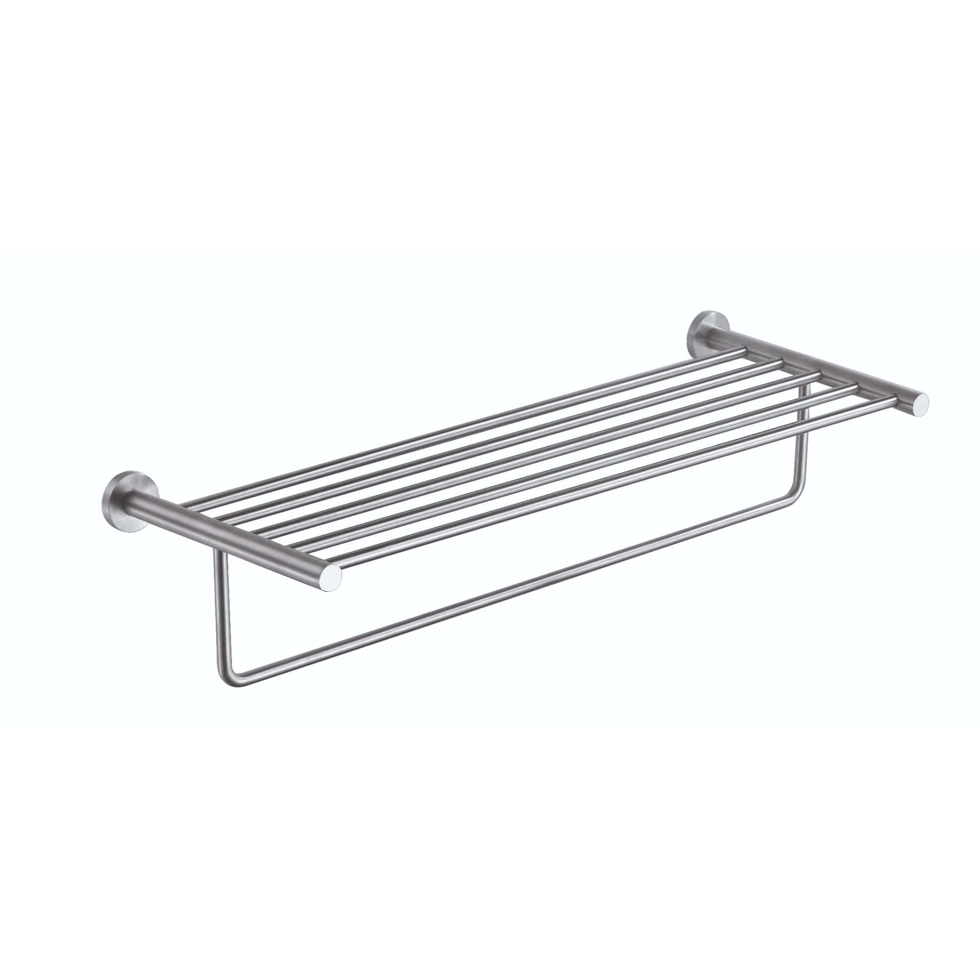 Sleek stainless steel bathroom shelf with towel rail, ideal for contemporary bathroom organisation and storage solutions.