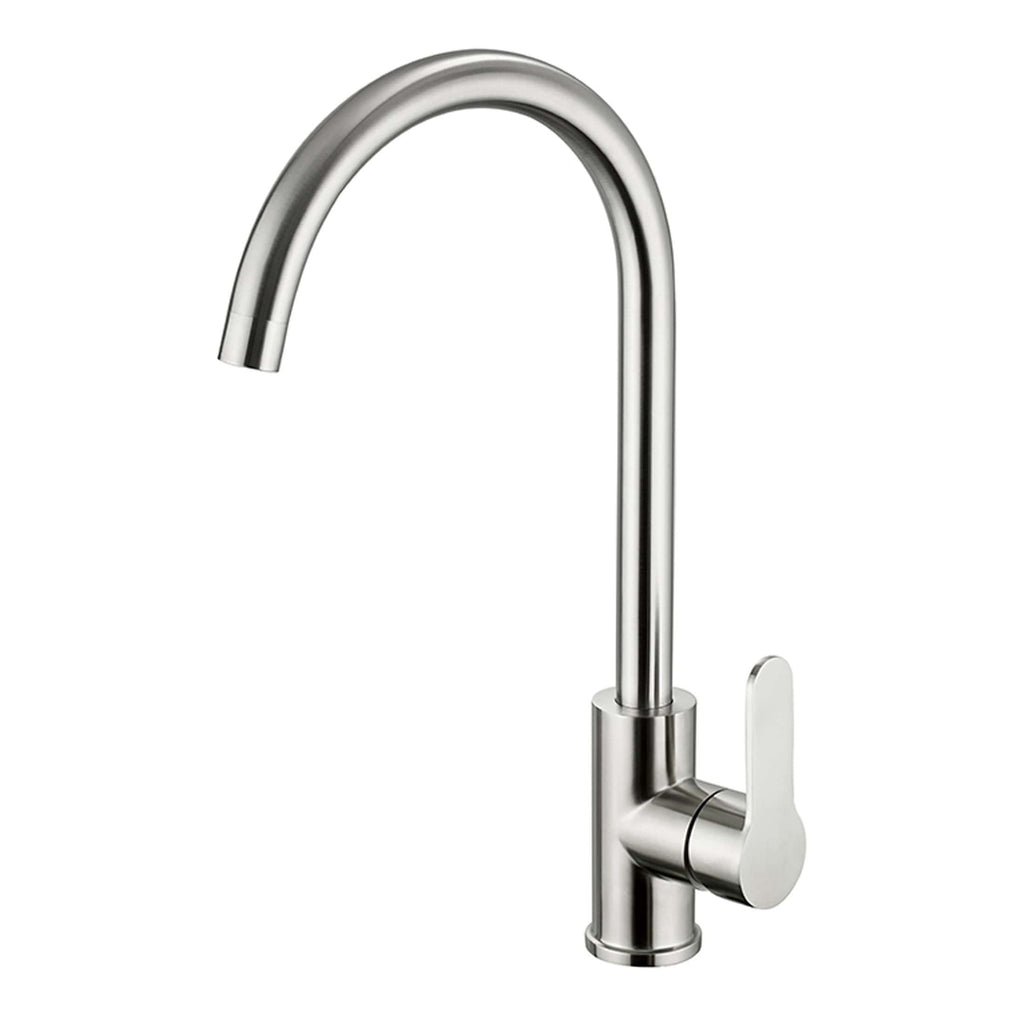 Sleek stainless steel kitchen tap with curved spout and single lever handle, ideal for modern bathrooms and kitchens. Durable, stylish design perfect for Bubly Bathrooms' contemporary bathroom fittings.