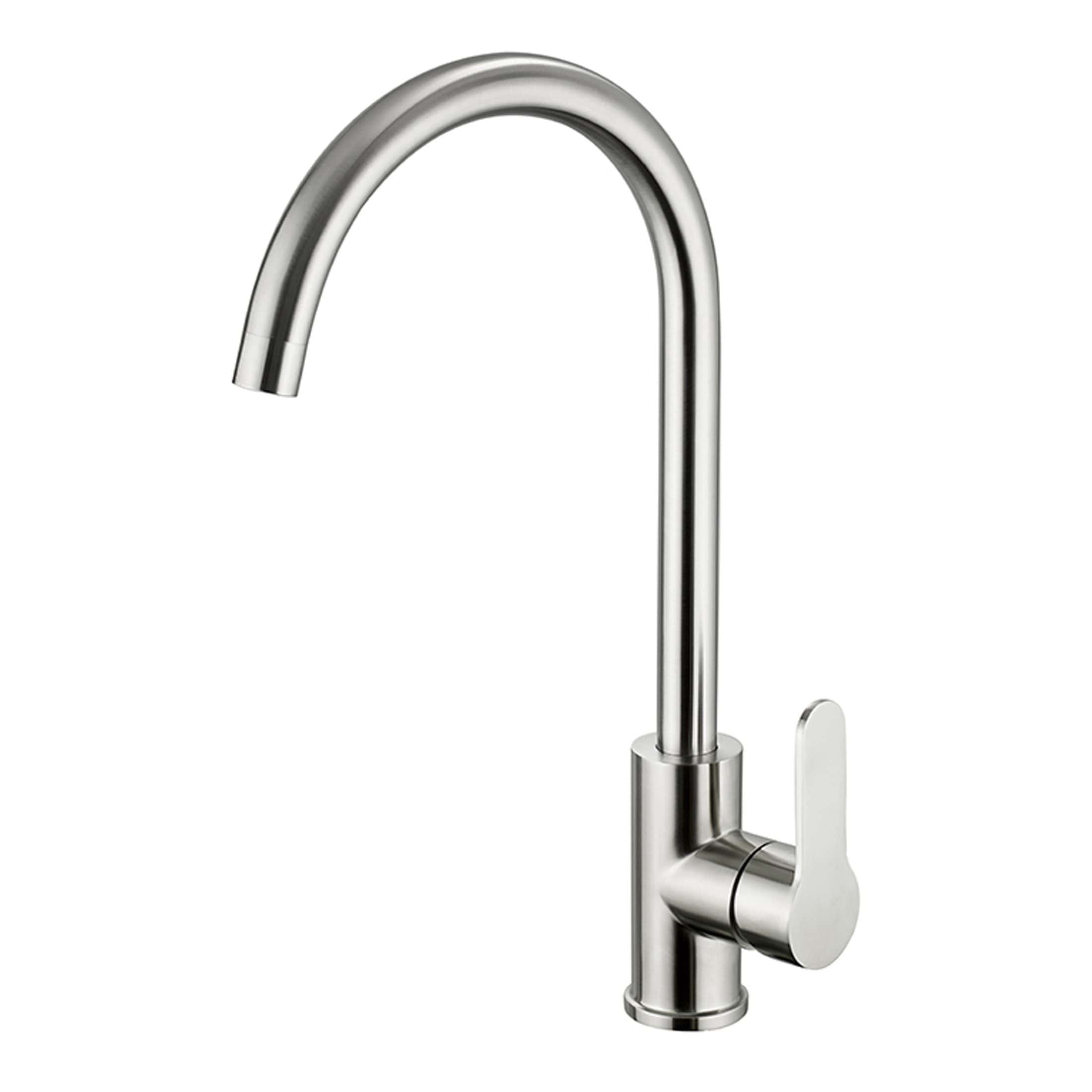 Sleek stainless steel kitchen tap with curved spout and single lever handle, ideal for modern bathrooms and kitchens. Durable, stylish design perfect for Bubly Bathrooms' contemporary bathroom fittings.