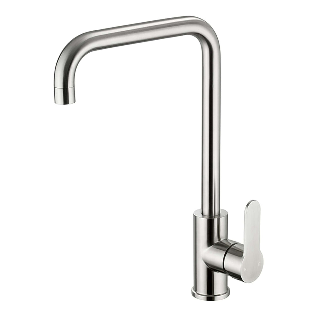 Brushed stainless steel kitchen or bathroom tap with a modern curved spout and single lever control, ideal for contemporary plumbing and hygiene solutions.