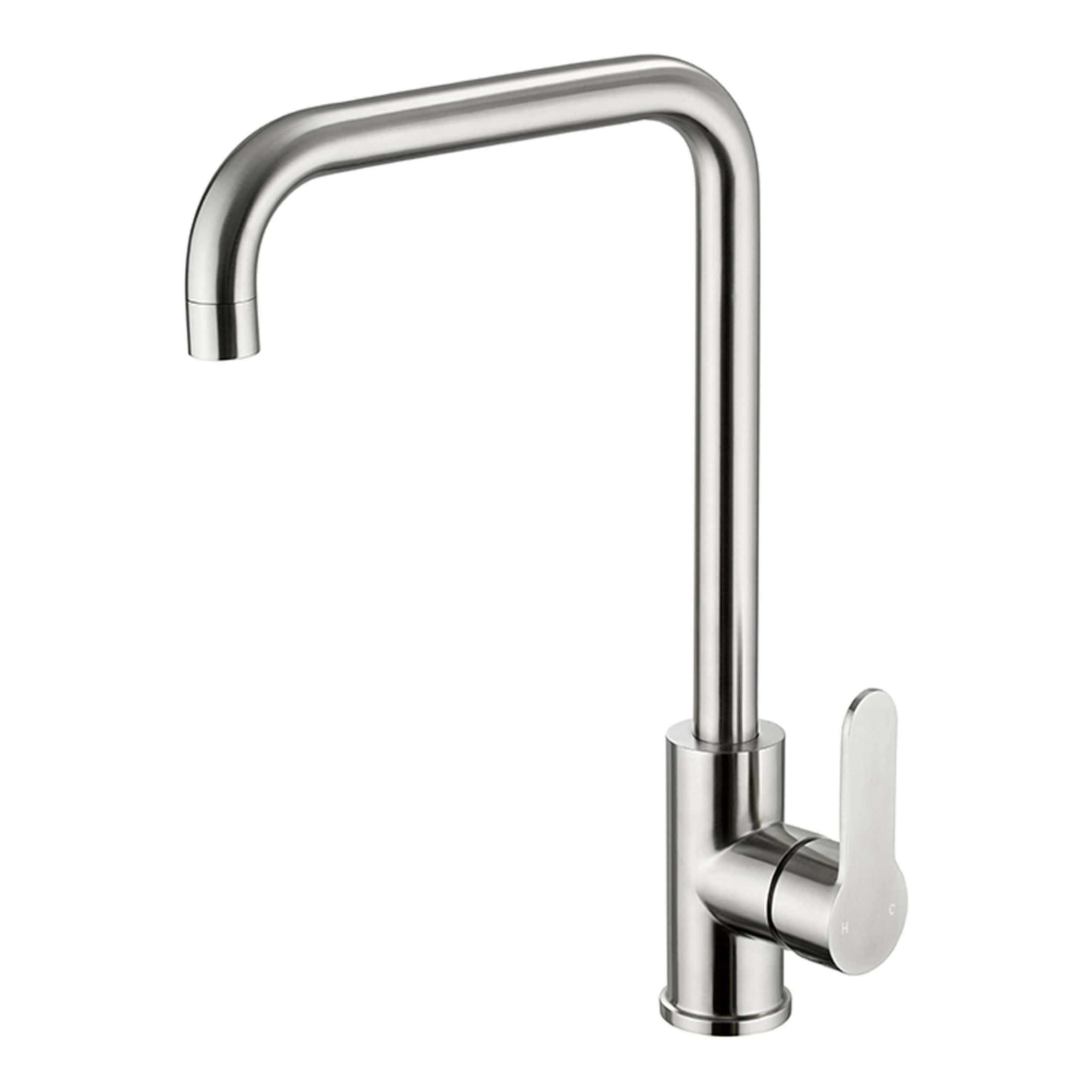 Brushed stainless steel kitchen or bathroom tap with a modern curved spout and single lever control, ideal for contemporary plumbing and hygiene solutions.