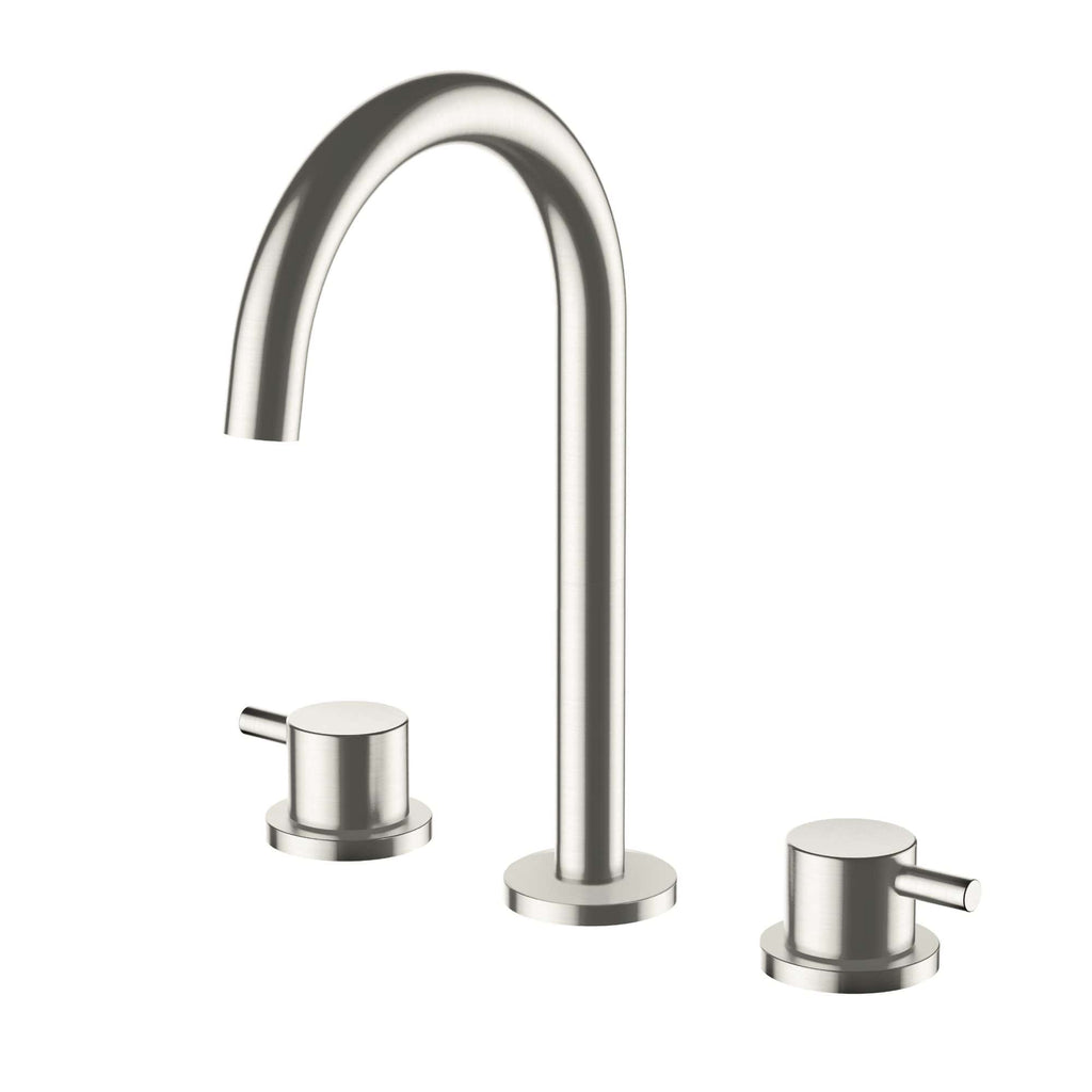 Polished stainless steel bathroom sink tap with dual handles, modern design, suitable for contemporary bathrooms, complete with hot and cold water controls.