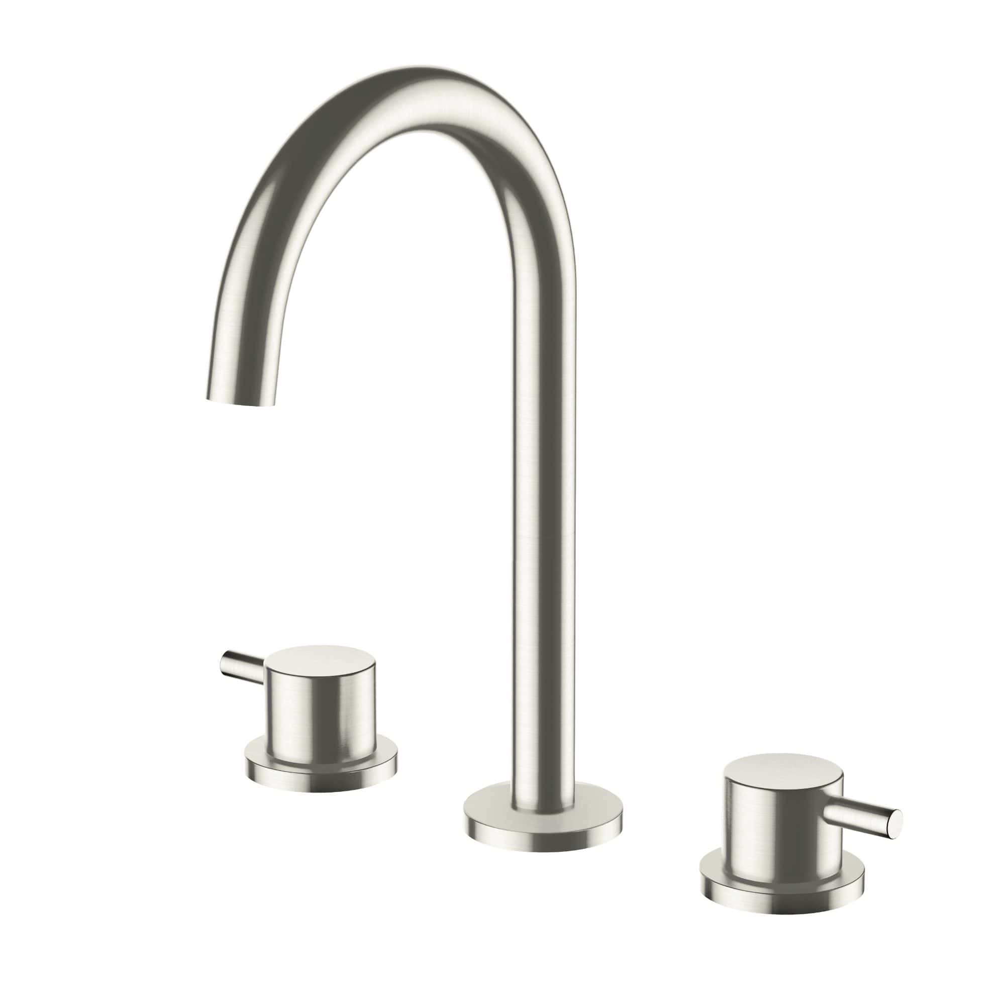 Polished stainless steel bathroom sink tap with dual handles, modern design, suitable for contemporary bathrooms, complete with hot and cold water controls.