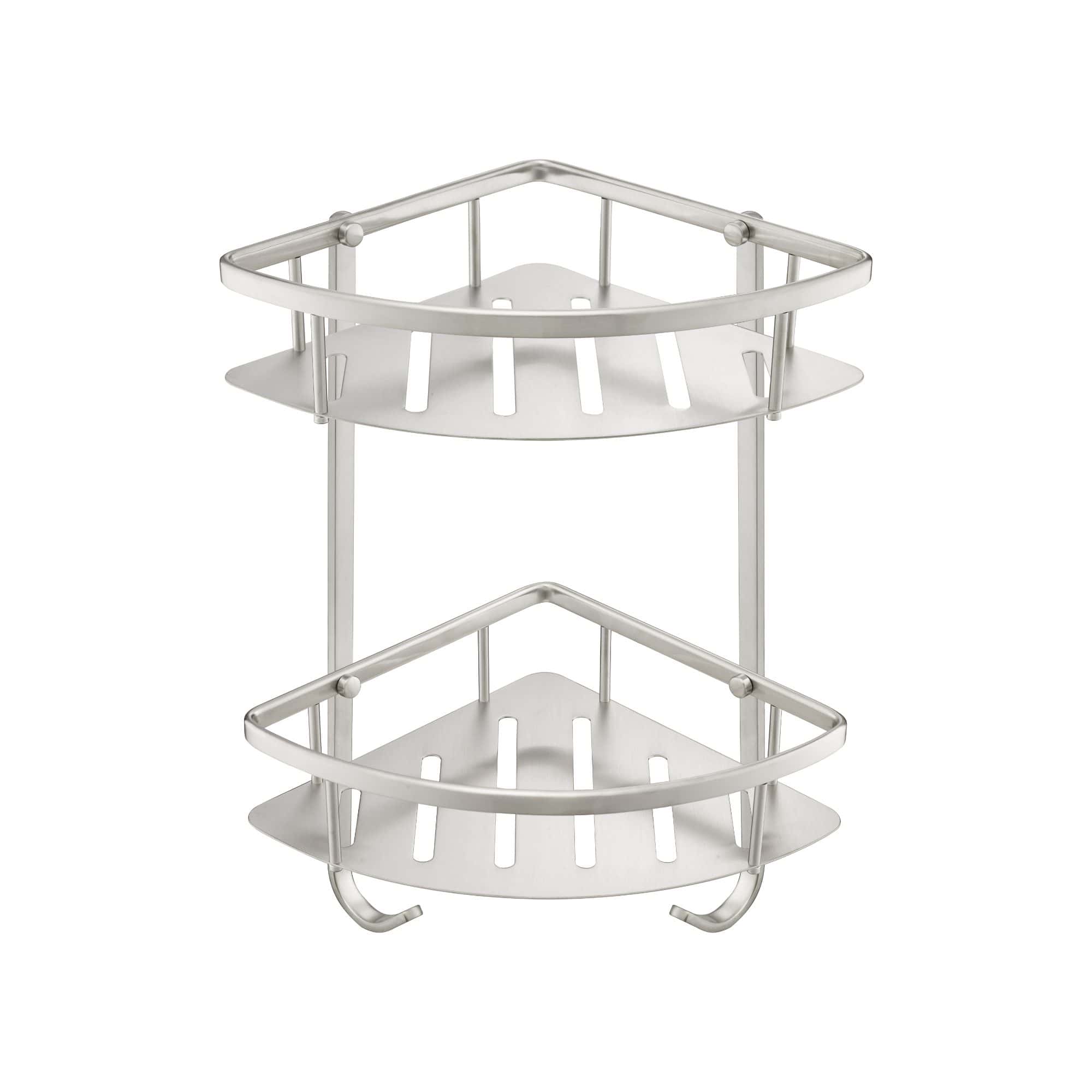 Stackable stainless steel corner shower caddy for bathroom storage, featuring two shelves with drainage slots and hooks for hanging accessories. Ideal for organising shower essentials efficiently.