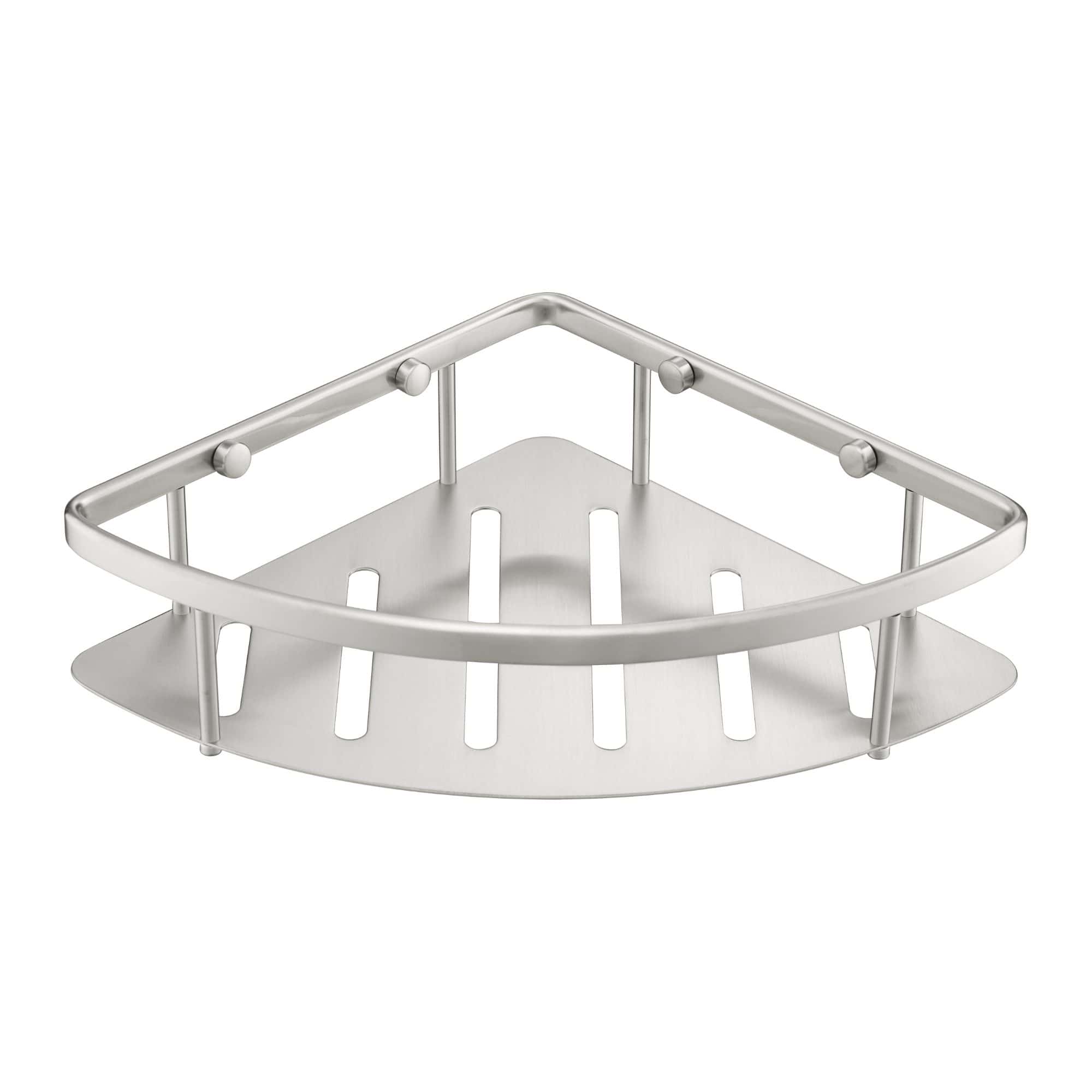 Sleek stainless steel corner shower shelf with slotted bottom for drainage, ideal for bathroom organisation and storage solutions.