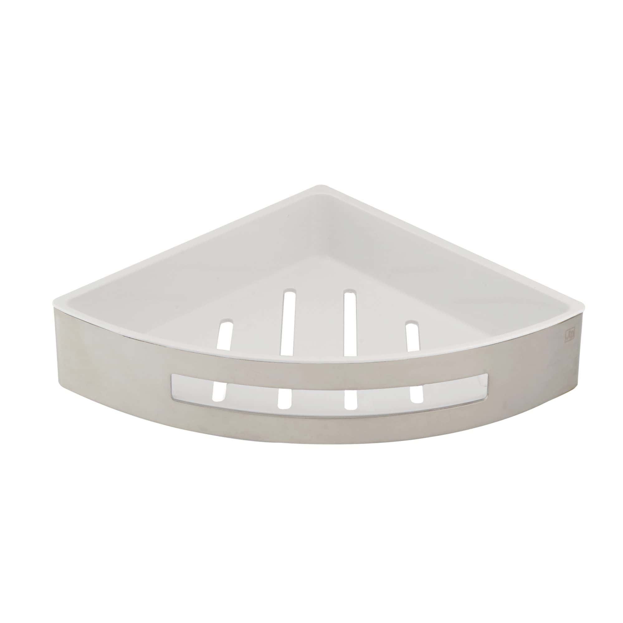 Bright white corner shower soap dish with vented design for drainage, made from durable plastic material, ideal for bathroom shower caddies, accessories, and organisation.