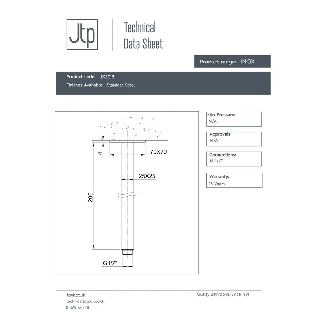 High-quality stainless steel shower drain with G 1/2" connection, 200mm height, ideal for modern bathroom installations, durable construction, and 15-year warranty.