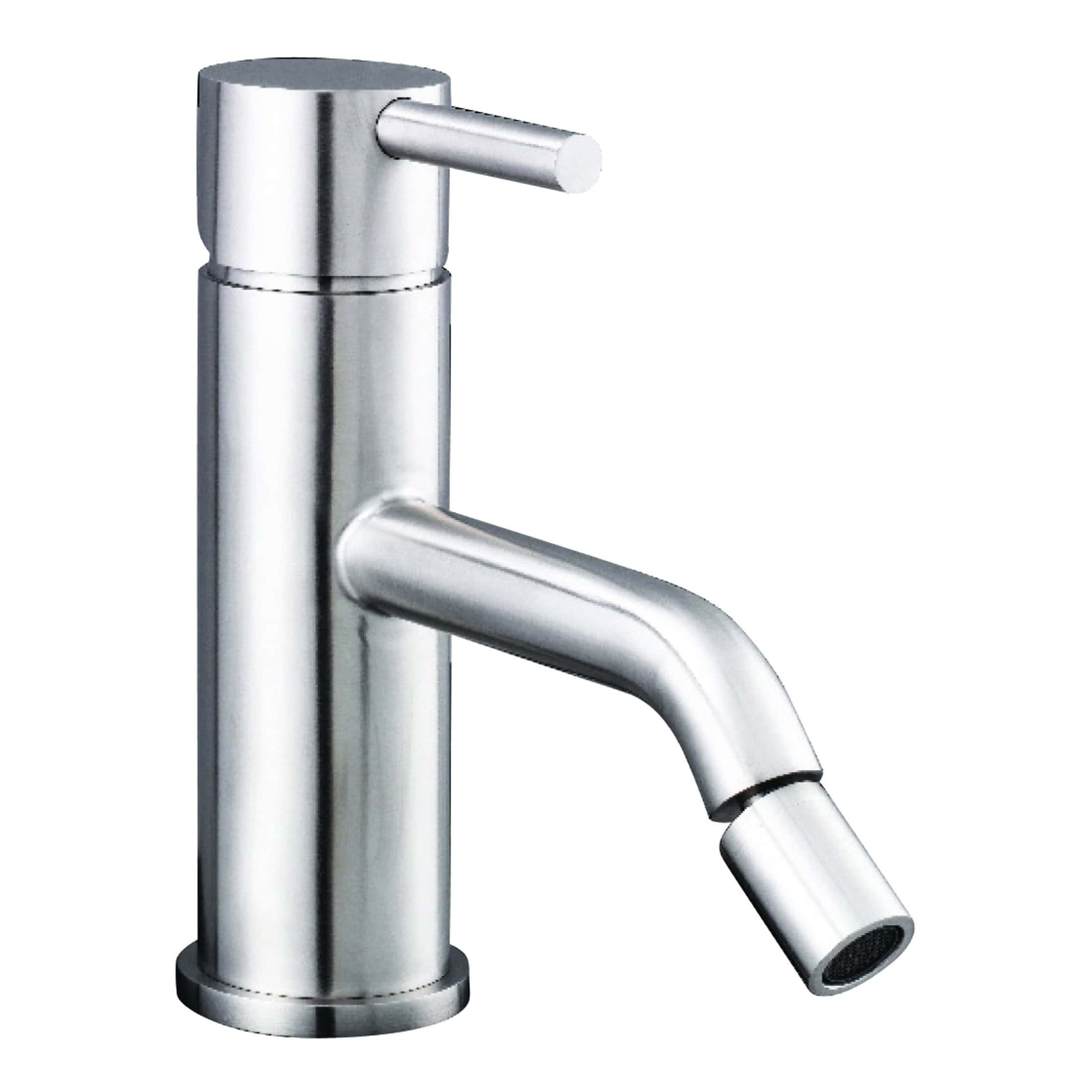 Sleek modern chrome bathroom tap with a cylindrical design and minimalist faucet spout, perfect for contemporary bathroom decor.