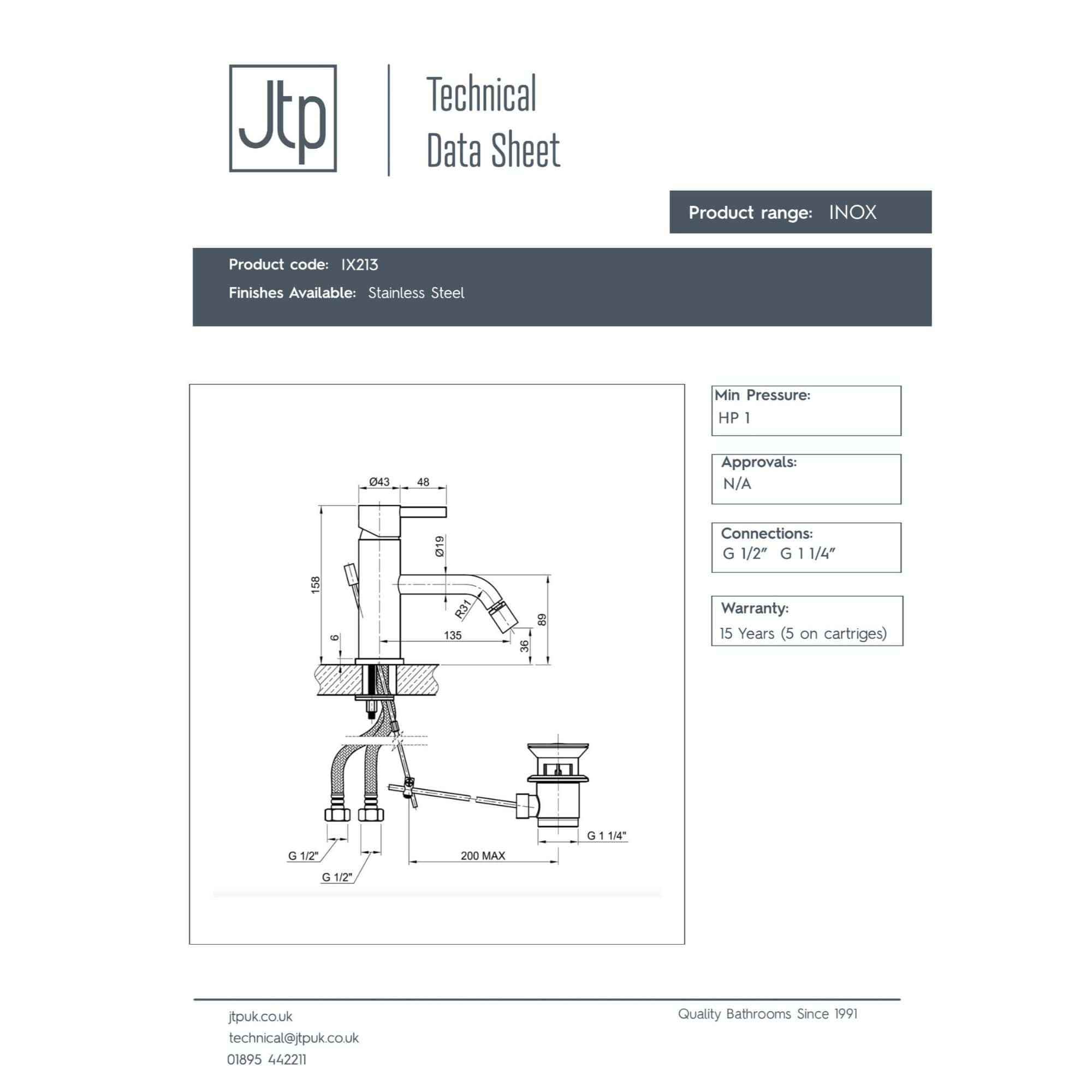 High-quality stainless steel bathroom tap with modern design, detailed technical specifications for installation and maintenance from Bubly Bathrooms UK.
