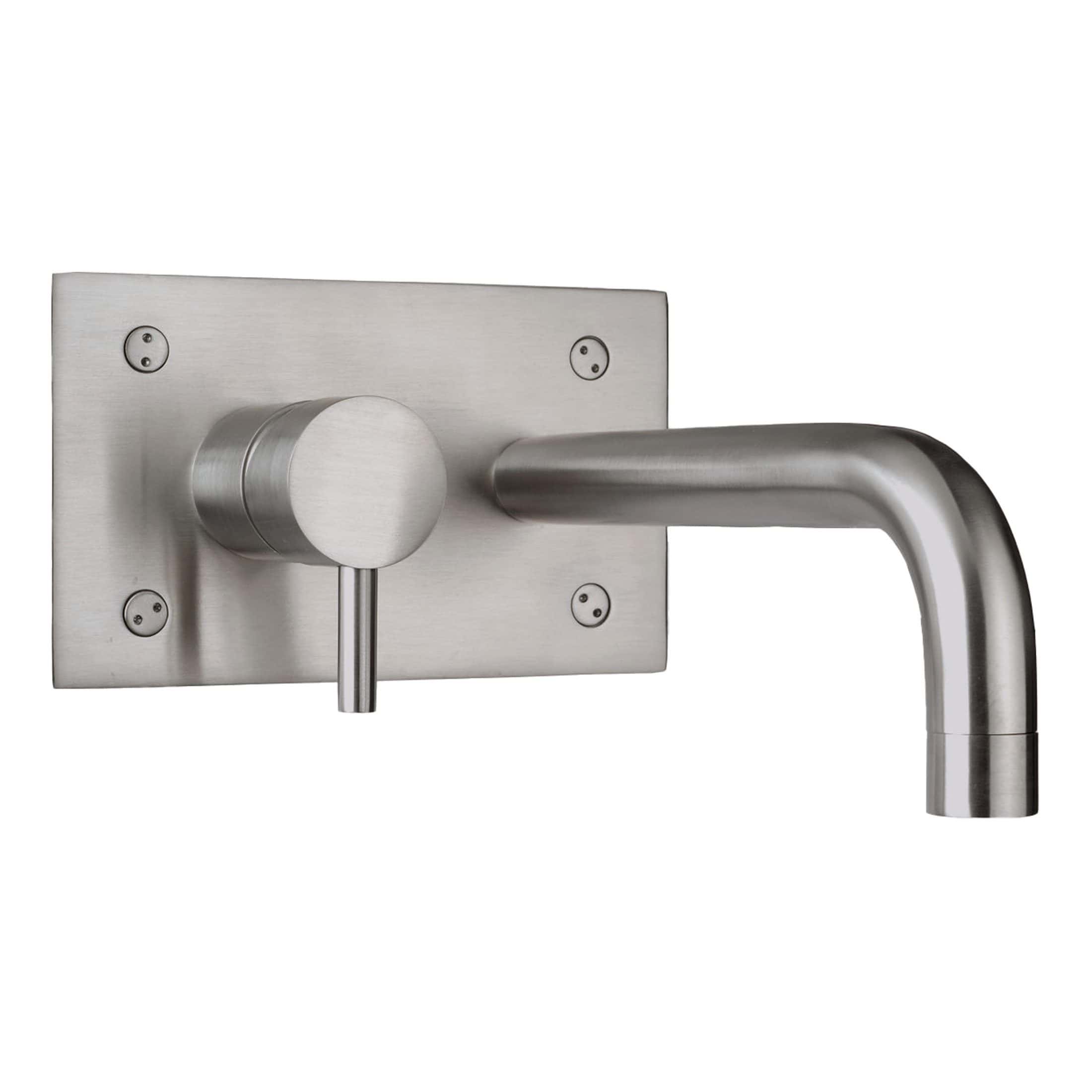 Brushed steel wall-mounted kitchen tap with a modern minimalist design, featuring a single lever handle for easy temperature and flow control, perfect for contemporary kitchen interiors.