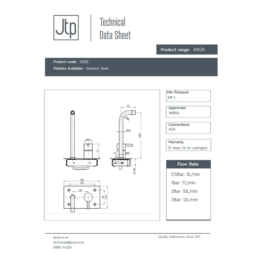 In-line image showing technical specifications and dimensions for Bubly Bathrooms' stainless steel bathroom fixtures.
