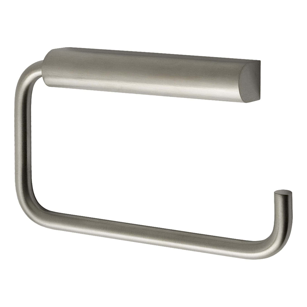 Sleek stainless steel toilet paper holder with modern design, wall-mounted for bathroom accessories. Perfect for contemporary bathroom interiors.