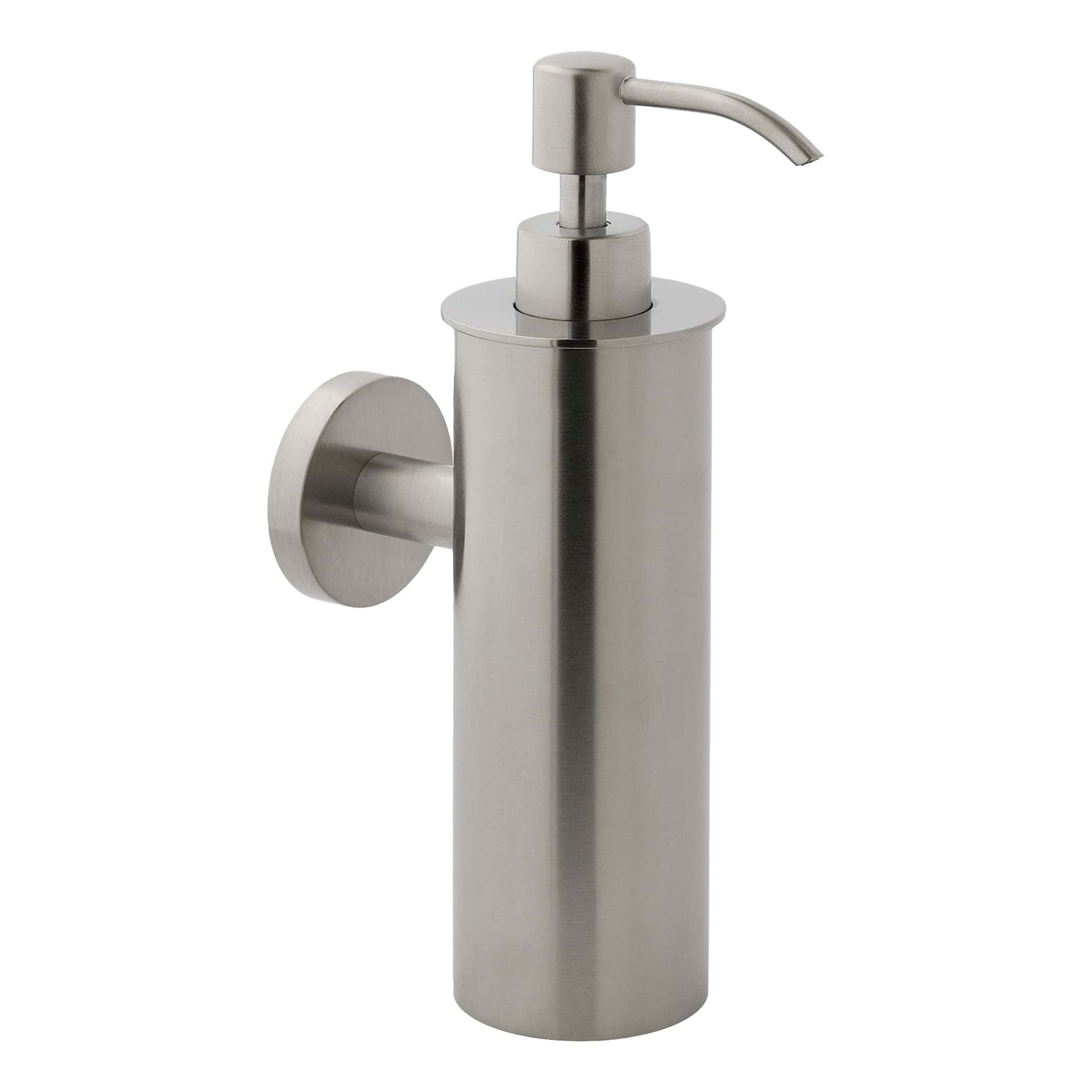 Brushed stainless steel bathroom soap dispenser with wall mount, sleek modern design, ideal for bubble bath or other bathroom accessories.
