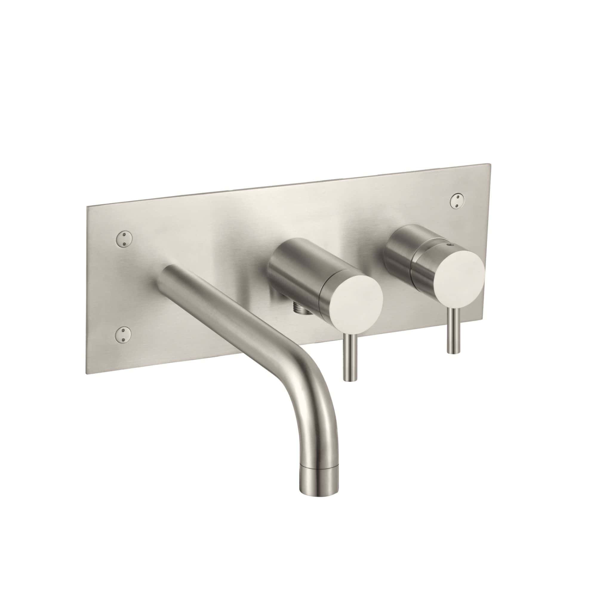 Modern stainless steel bathroom mixer tap with wall-mounted control knobs, ideal for contemporary bathrooms or spas designed by Bubly Bathrooms.