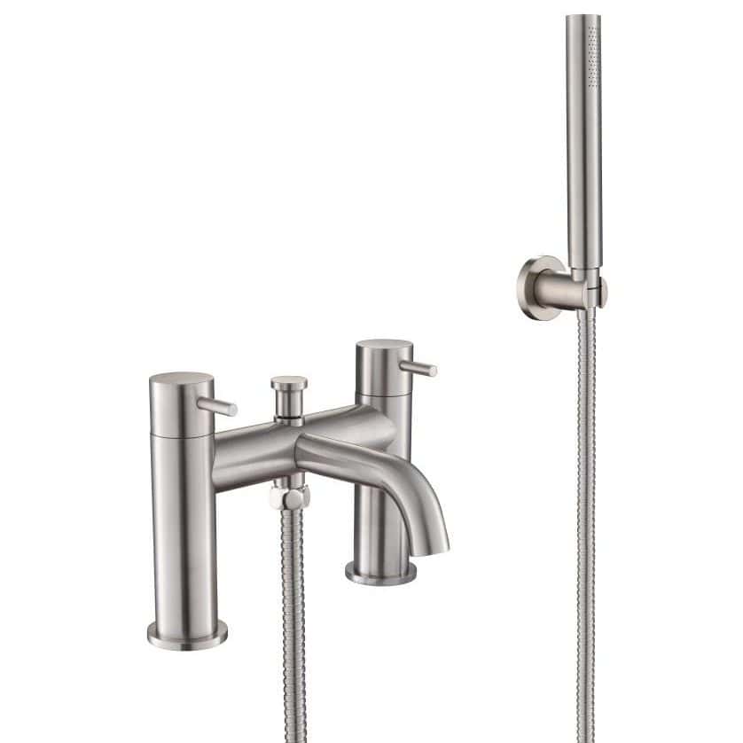 Brushed stainless steel bathroom tap with matching hand shower and flexible hose for modern Bubly Bathrooms design.