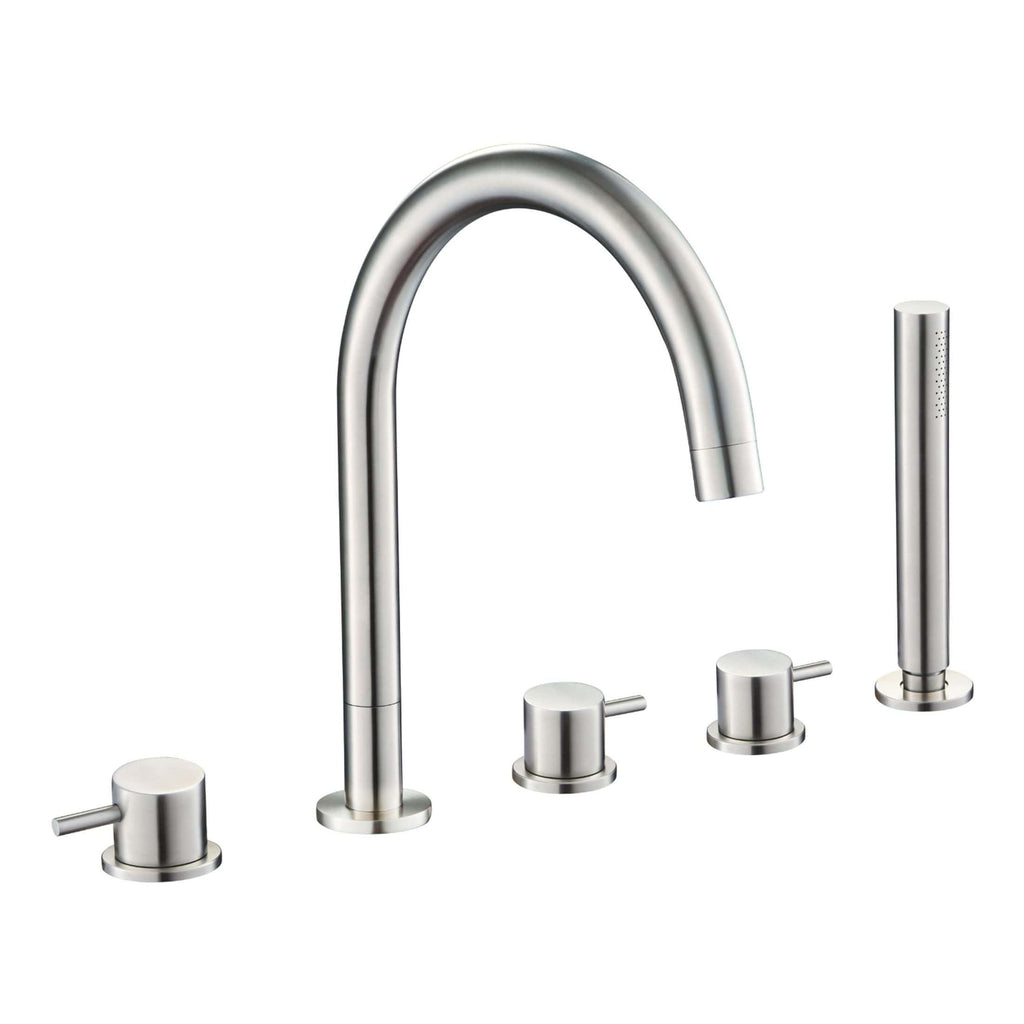 Sleek modern stainless steel kitchen sink faucet with four controls and a pull-down sprayer, perfect for contemporary bathroom or kitchen upgrades.