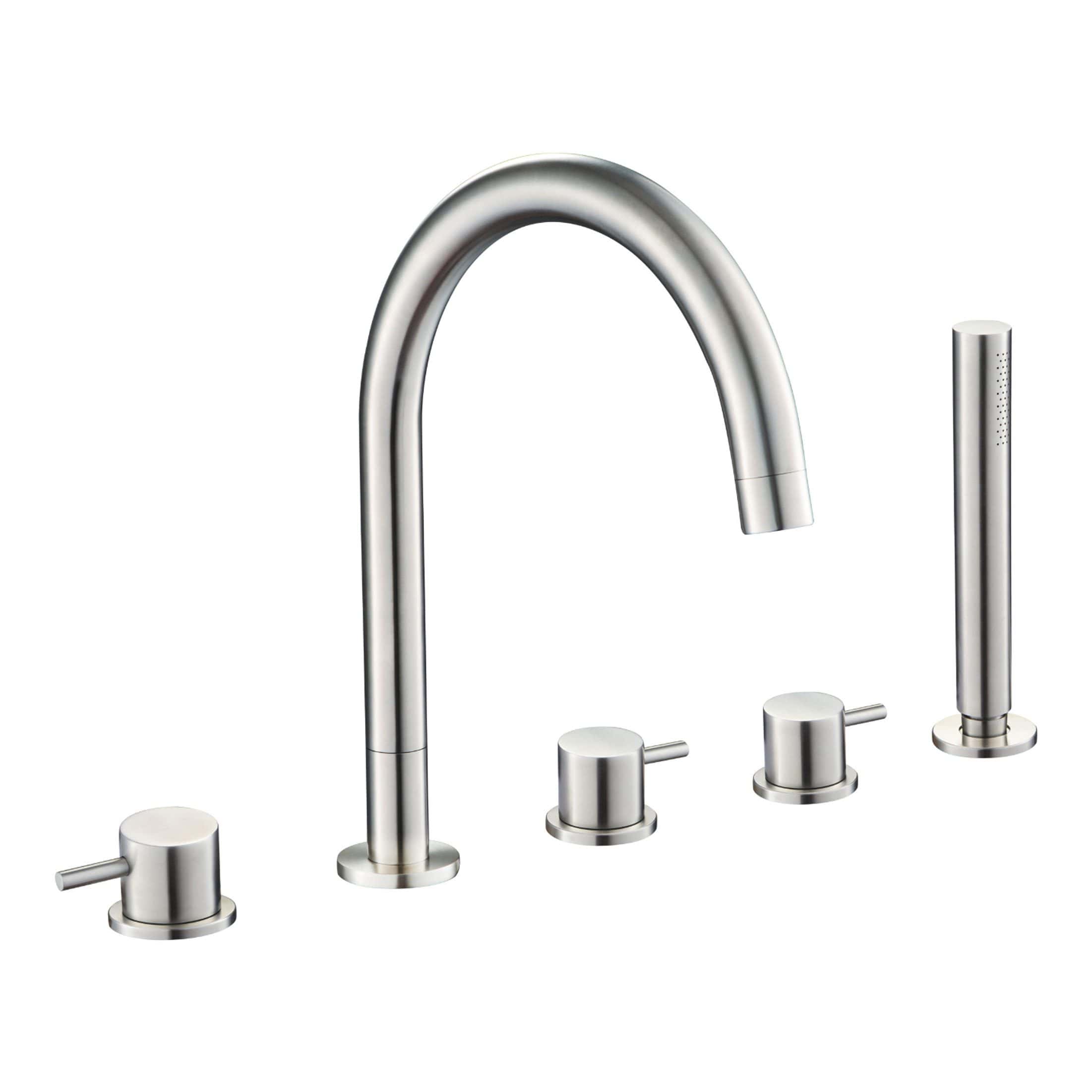 Sleek modern stainless steel kitchen sink faucet with four controls and a pull-down sprayer, perfect for contemporary bathroom or kitchen upgrades.