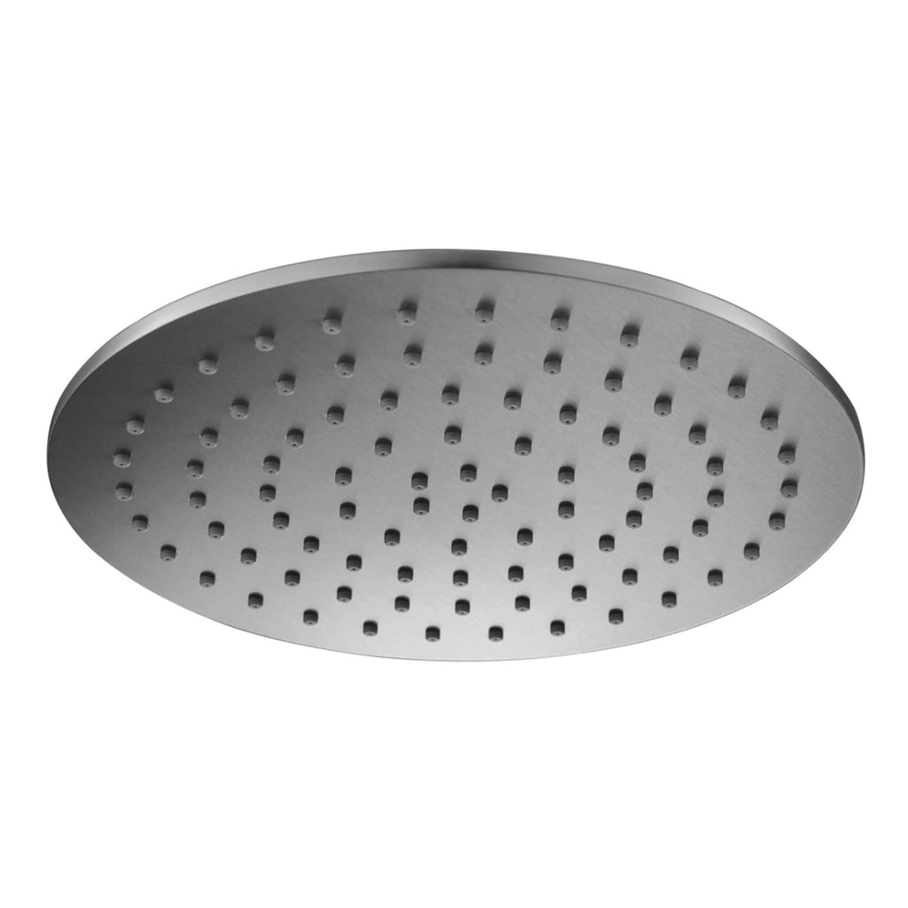 Polished chrome shower rainfall head, modern bathroom fixture, wide oval design with multiple water nozzles, perfect for luxurious shower experiences and bathroom remodels.