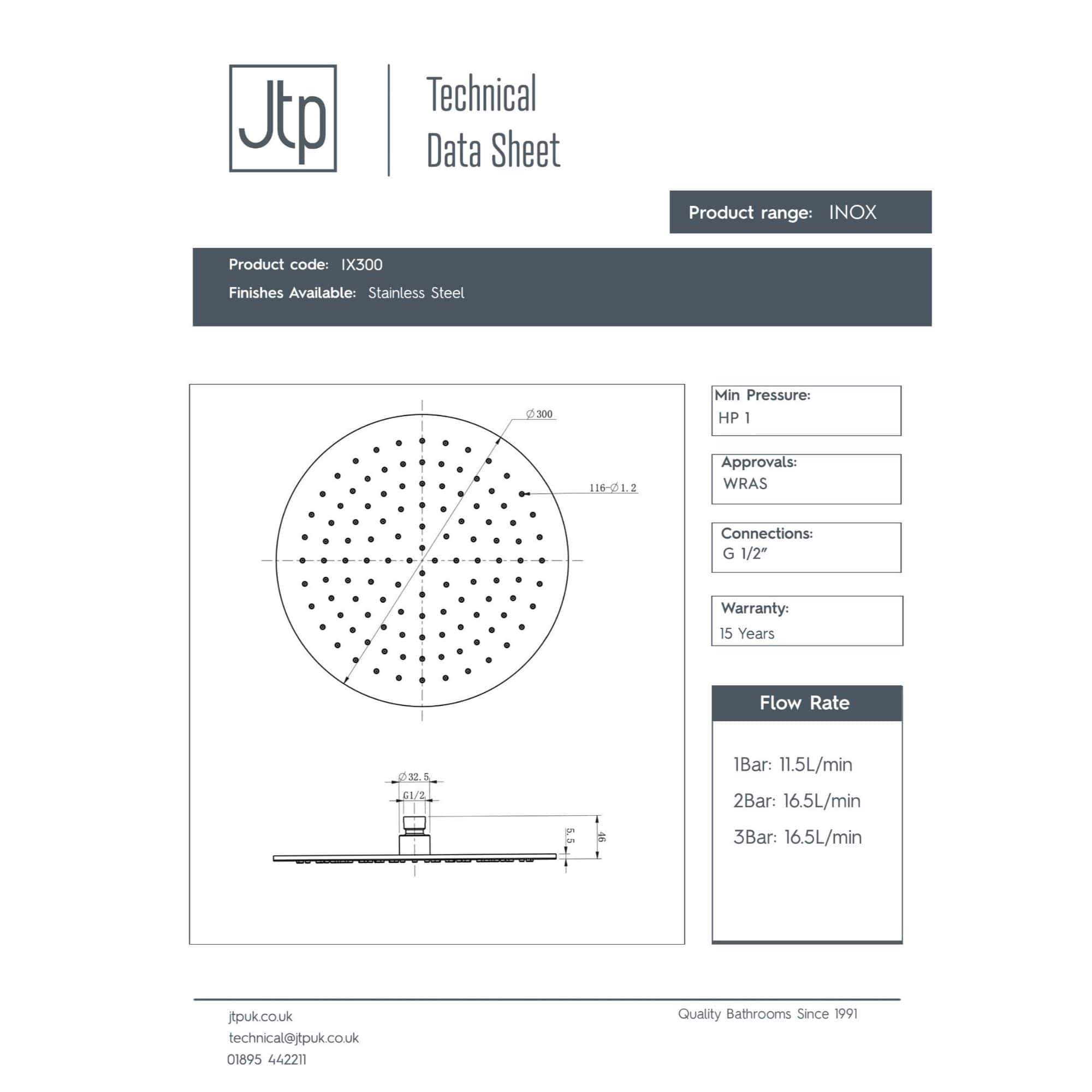 1. Alternative text: Modern stainless steel shower head with adjustable spray for luxurious bathroom showering experience.