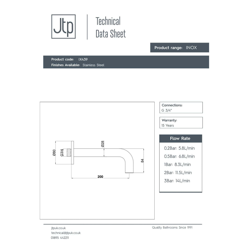 Flexible stainless steel bathroom tap with G 3/4" connection, 200mm spout length, and 84mm height, ideal for modern bubly bathrooms.