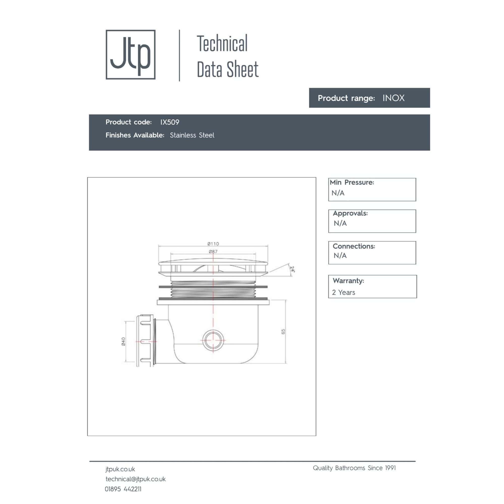 Modern stainless steel bathroom drain cover with technical specifications for Bubly Bathrooms.