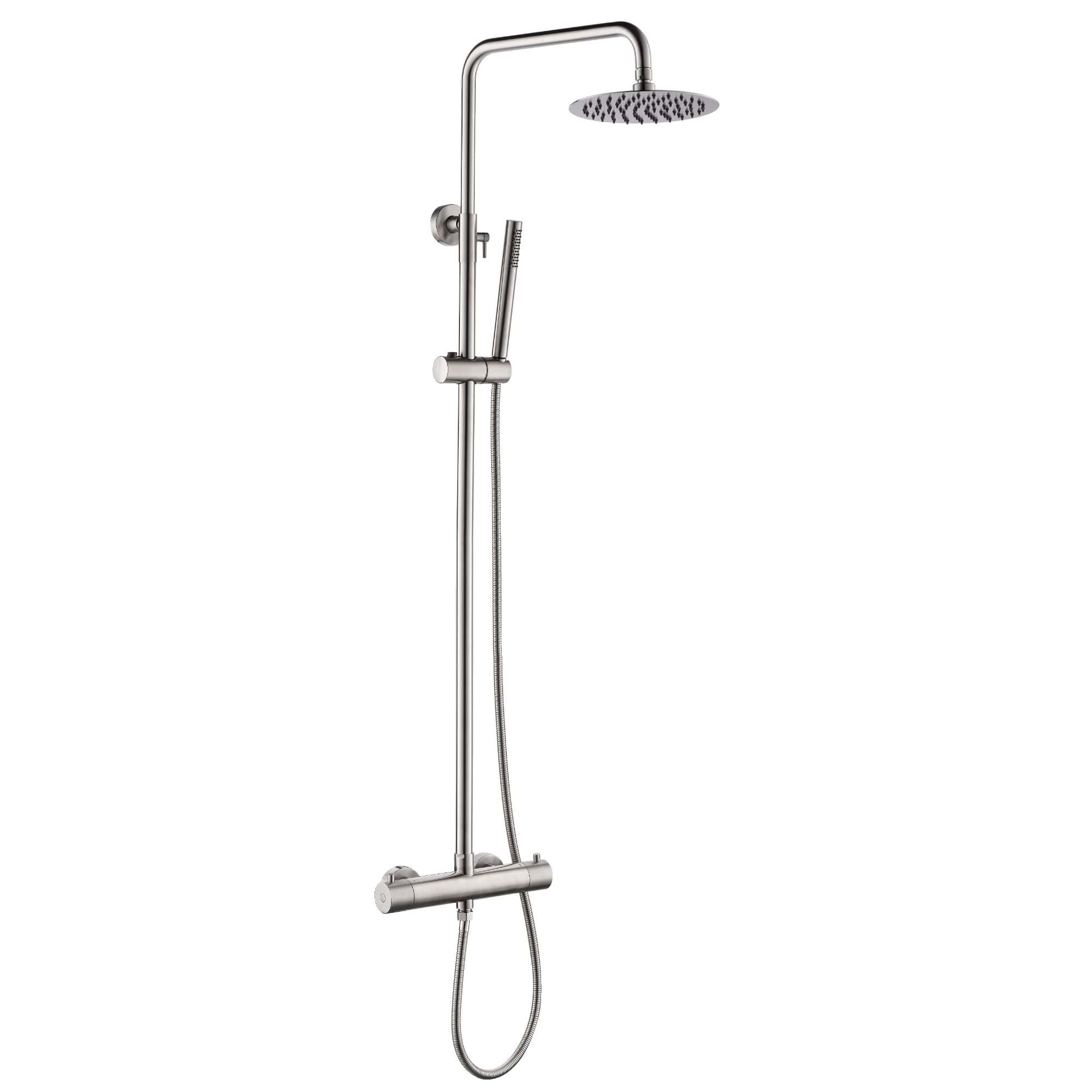Sleek modern chrome shower system with overhead rain shower and handheld attachment, perfect for luxury bathroom upgrades and efficient water delivery.