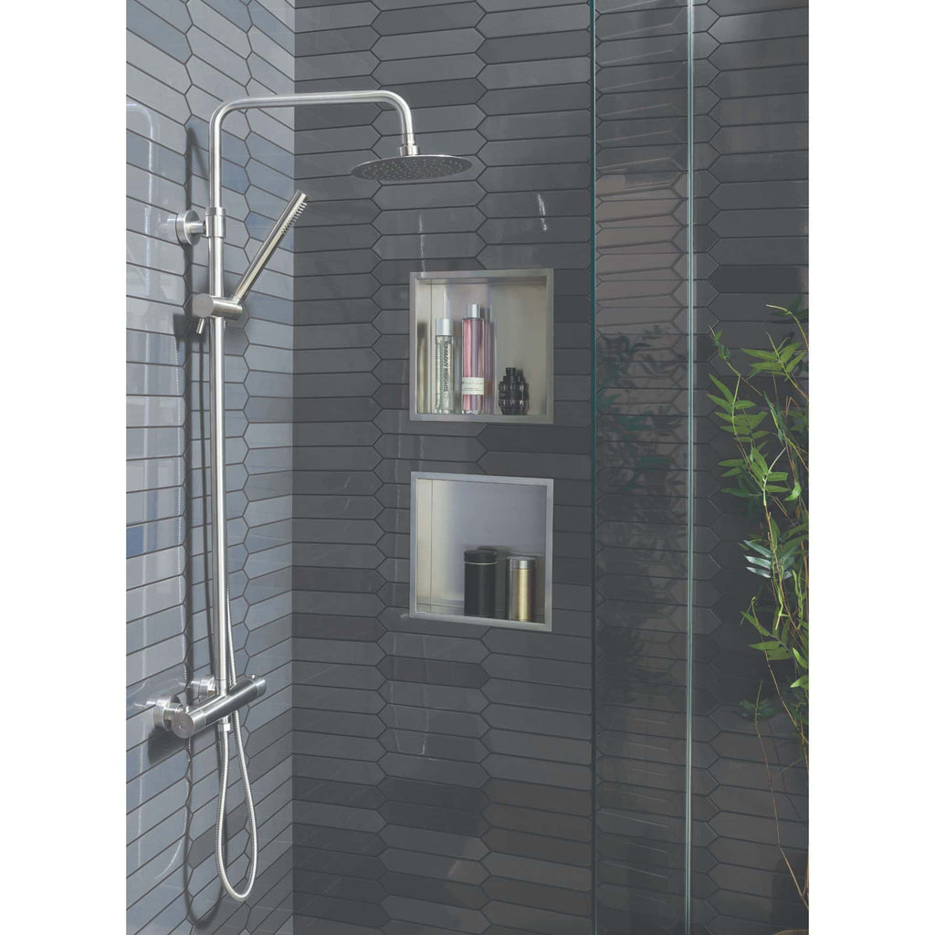 Sleek modern shower with a rainfall head and handheld spray, set against stylish grey hexagonal tile walls in a contemporary bathroom.
