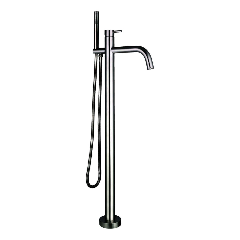 Polished stainless steel freestanding bathroom tap with hand shower, modern and sleek design for contemporary bathrooms.