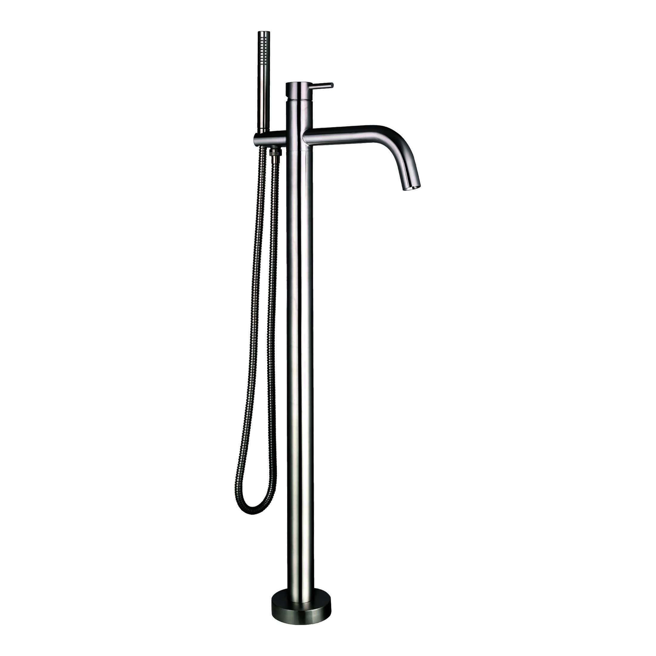 Polished stainless steel freestanding bathroom tap with hand shower, modern and sleek design for contemporary bathrooms.