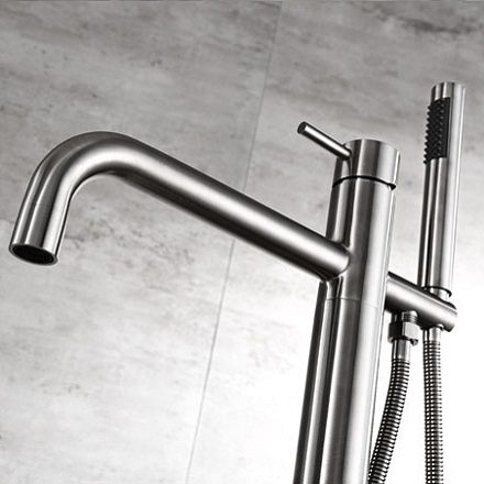 Sleek modern stainless steel bathroom tap with flexible hose and shower attachment, perfect for contemporary bathroom designs.