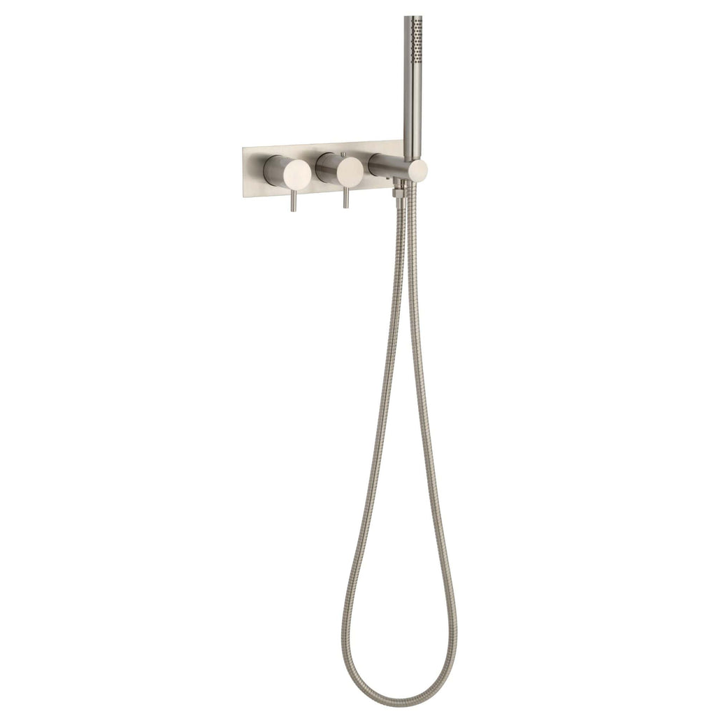 Sleek modern bathroom shower fixture with adjustable controls and handheld shower head, ideal for contemporary Bubly Bathrooms' stylish wet room designs.