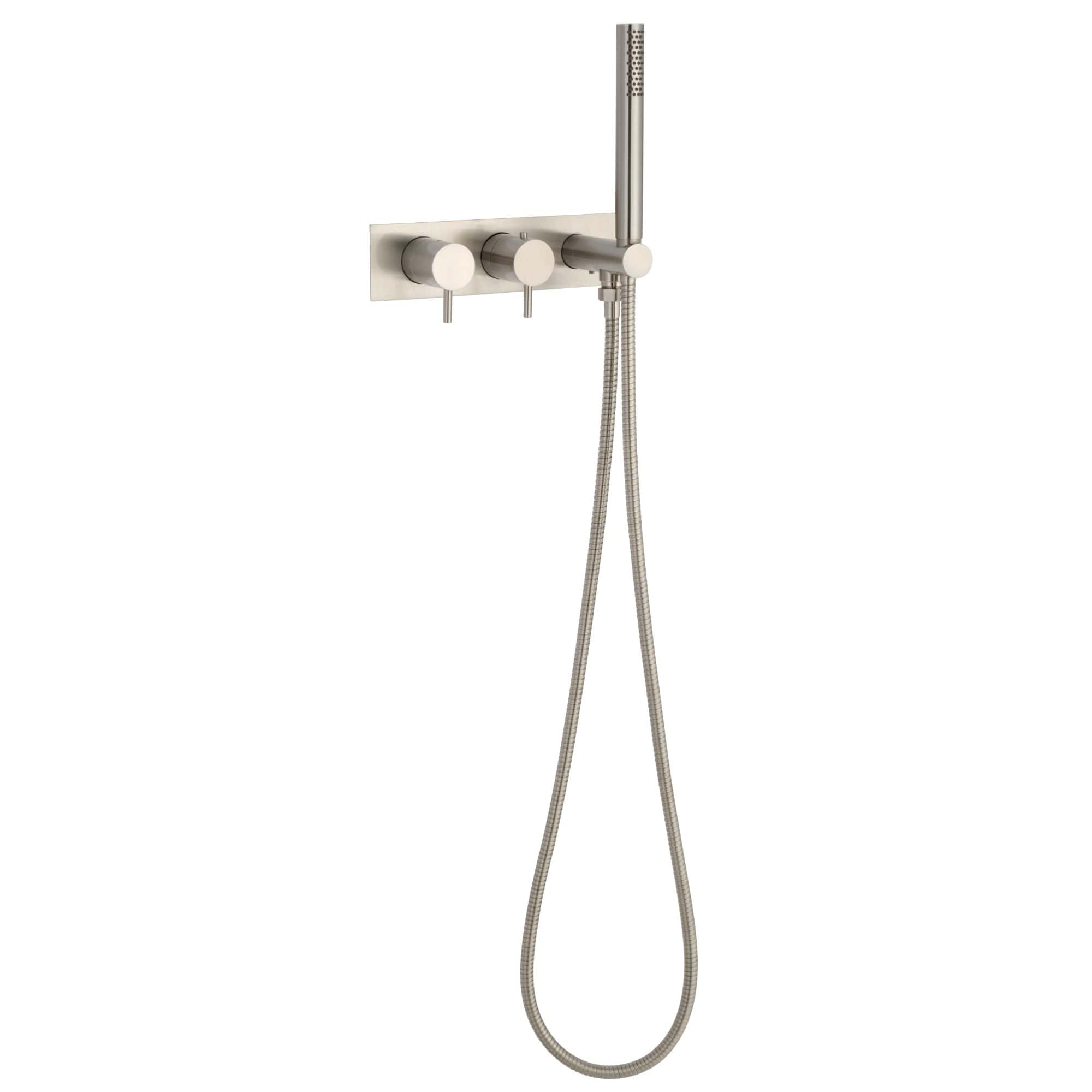 Sleek modern bathroom shower fixture with adjustable controls and handheld shower head, ideal for contemporary Bubly Bathrooms' stylish wet room designs.