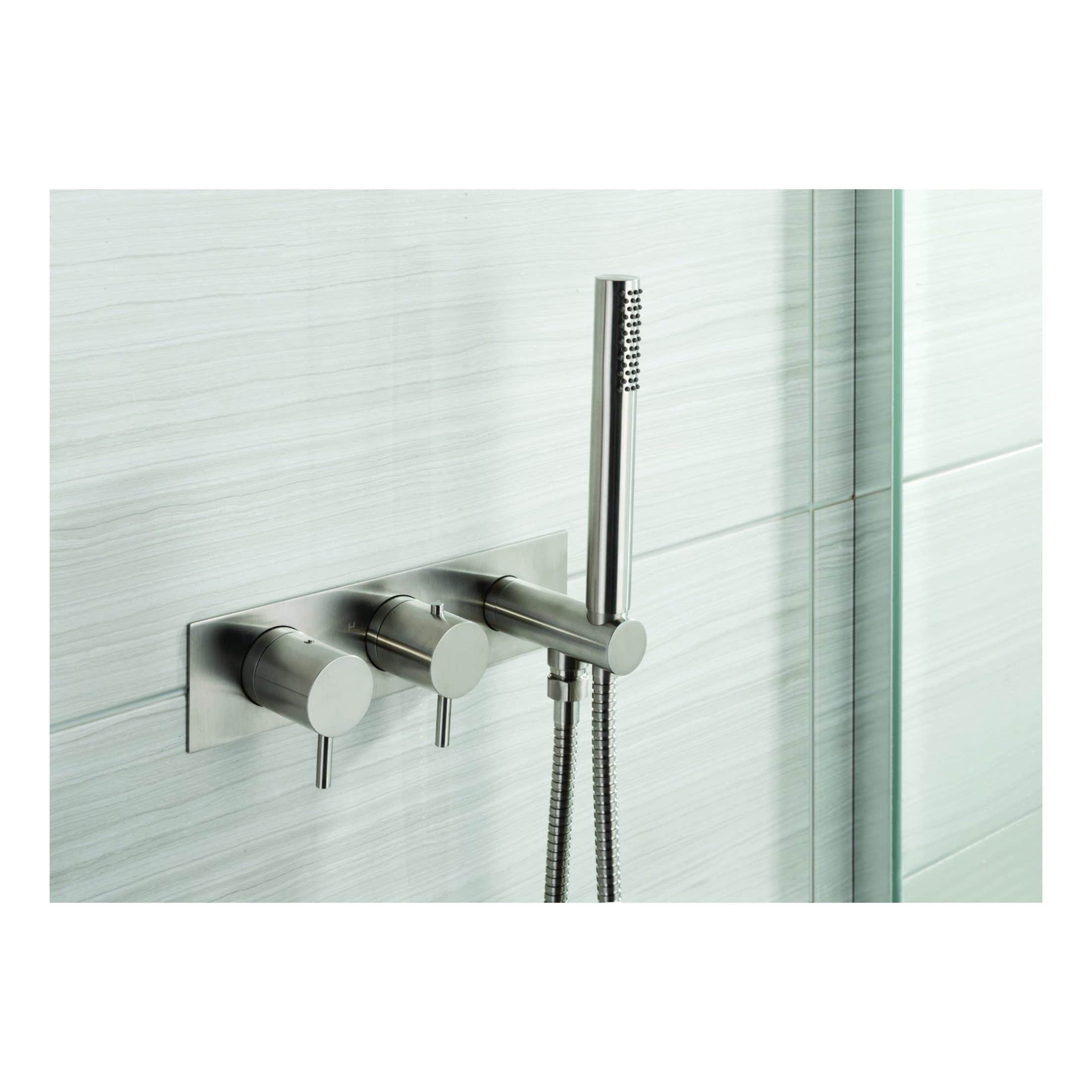 Sleek modern shower fixture with stainless steel controls and handheld showerhead, perfect for contemporary bathrooms, emphasising durability and style.